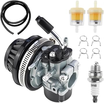 2 Stroke 18mm Carburetor with Black Air Filter fuel lines and Spark Plug for 43cc 47cc 49cc 50cc 66cc 70cc 80cc 100cc Motorized Bicycle Scooter Moped Pit Bike Mini Dirt Bike