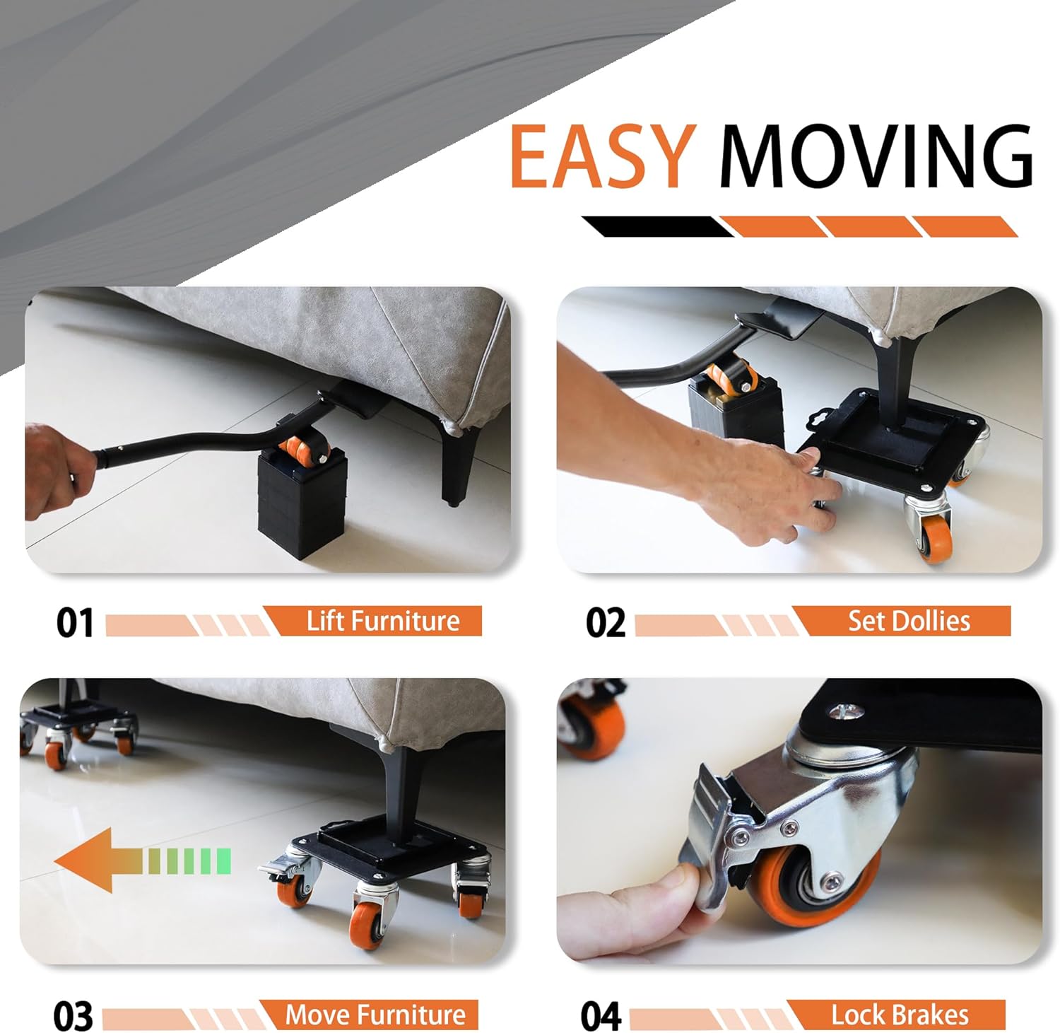 Heavy Duty Furniture Dolly, Furniture Movers with 4 Wheels, Carbon Steel Panel Moving Dolly, 3000 lbs Furniture Lifter Moving Tool Set for Safe Box, Pool Table, Refrigerator, Orange