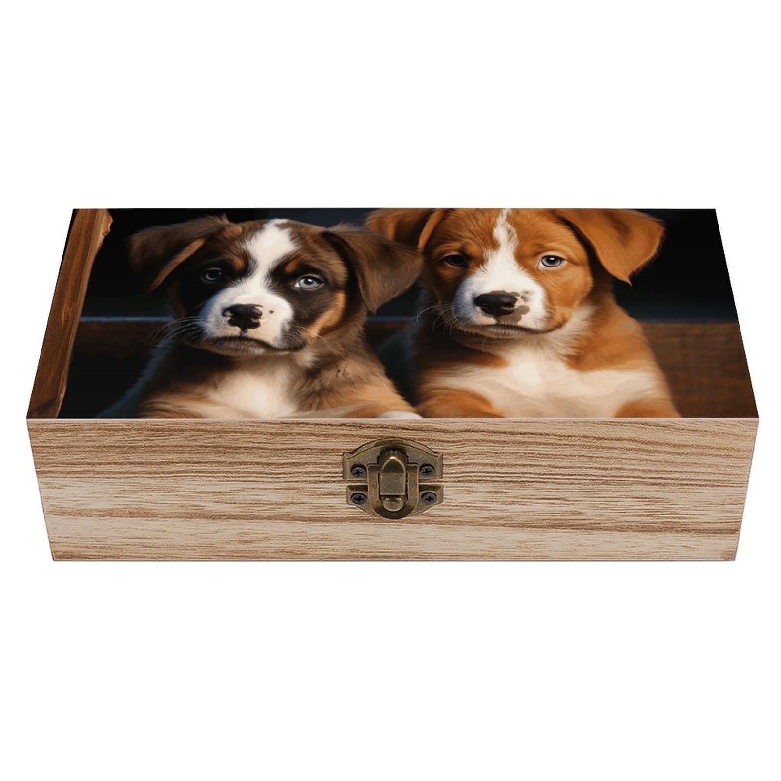 LZQPOEAS Puppies Dogs Pets Animals Wooden Storage Box Small Decorative Box with Hinged Lid Handmade Elegant Keepsake Storage Box for Jewelry, Photos, Trinkets, Letter Gifts, Small Heirlooms