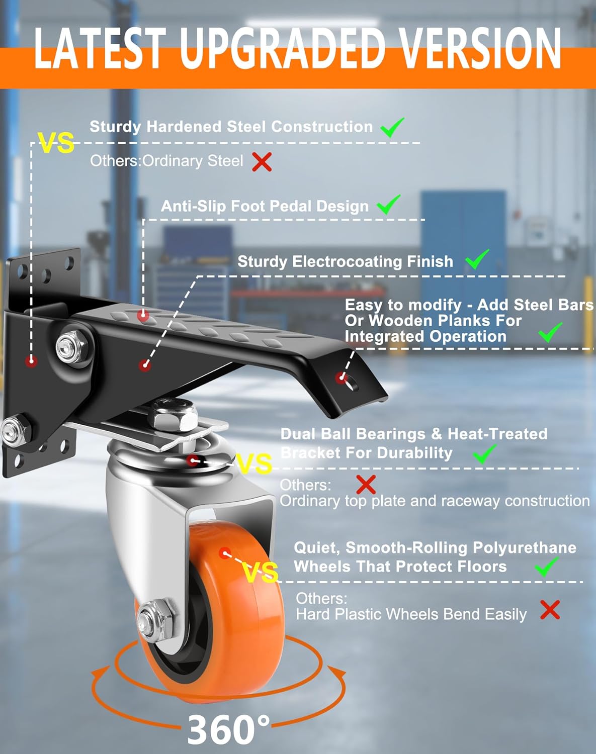 Caster Wheels, 3 Inch Workbench Casters Set of 4 Heavy Duty - 800 Lbs Capacity Retractable Swivel Castors with No Noise Polyurethane Wheels, Easy to Install for Tables Legs, Work Bench & Tool Carts 4 3" 4Pack Orange - 800Lbs