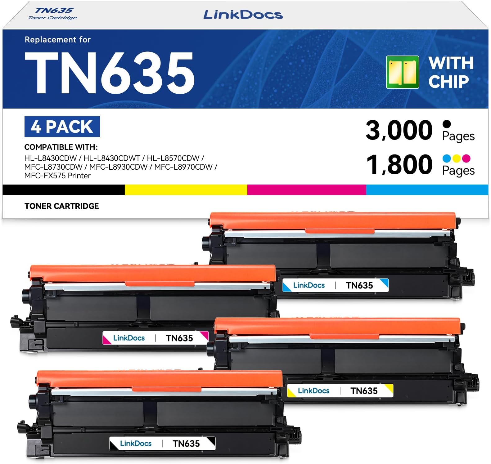 LinkDocs TN635 Compatible Toner Cartridge Replacement for Brother TN635XL TN 635 for HL-L8430CDW HL-L8430CDWT HL-L8570CDW MFC-L8730CDW MFC-L8970CDW MFC-EX575 Printer 4-Pack