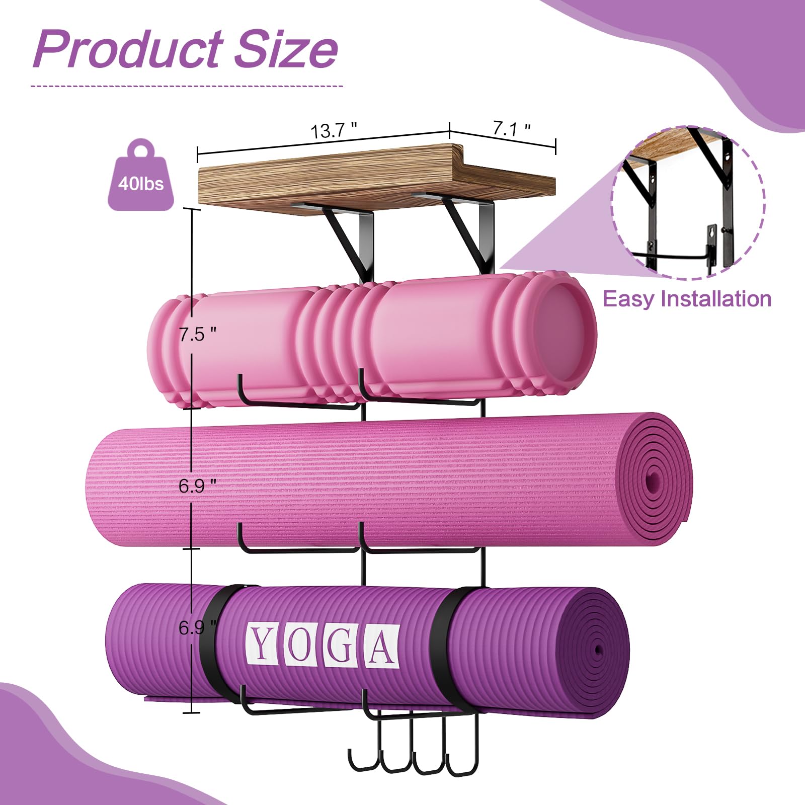 Soporte para esterilla de yoga, soporte de pared, accesorios de gimnasio en casa con estantes flotantes de madera y 4 ganchos para colgar rodillo de espuma y bandas de resistencia en clase de fitness