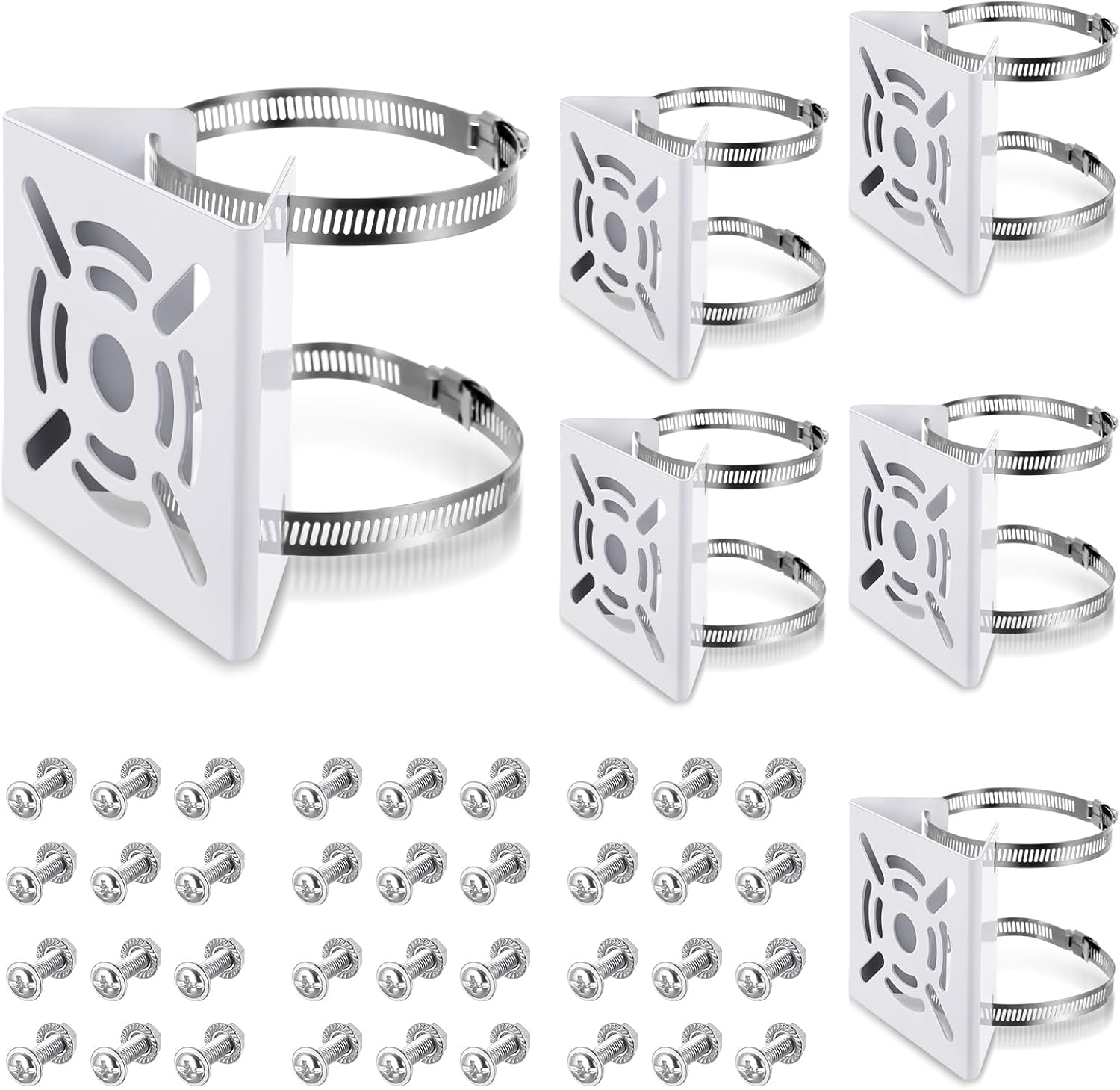 6 Pcs Universal Vertical Pole Mount for Security Camera Wall Mounting Bracket with 6 Loops Solid Metal Pole Bracket for CCTV Camera Indoor Outdoor Solar Panel LED Wall/ Stage Light (White)