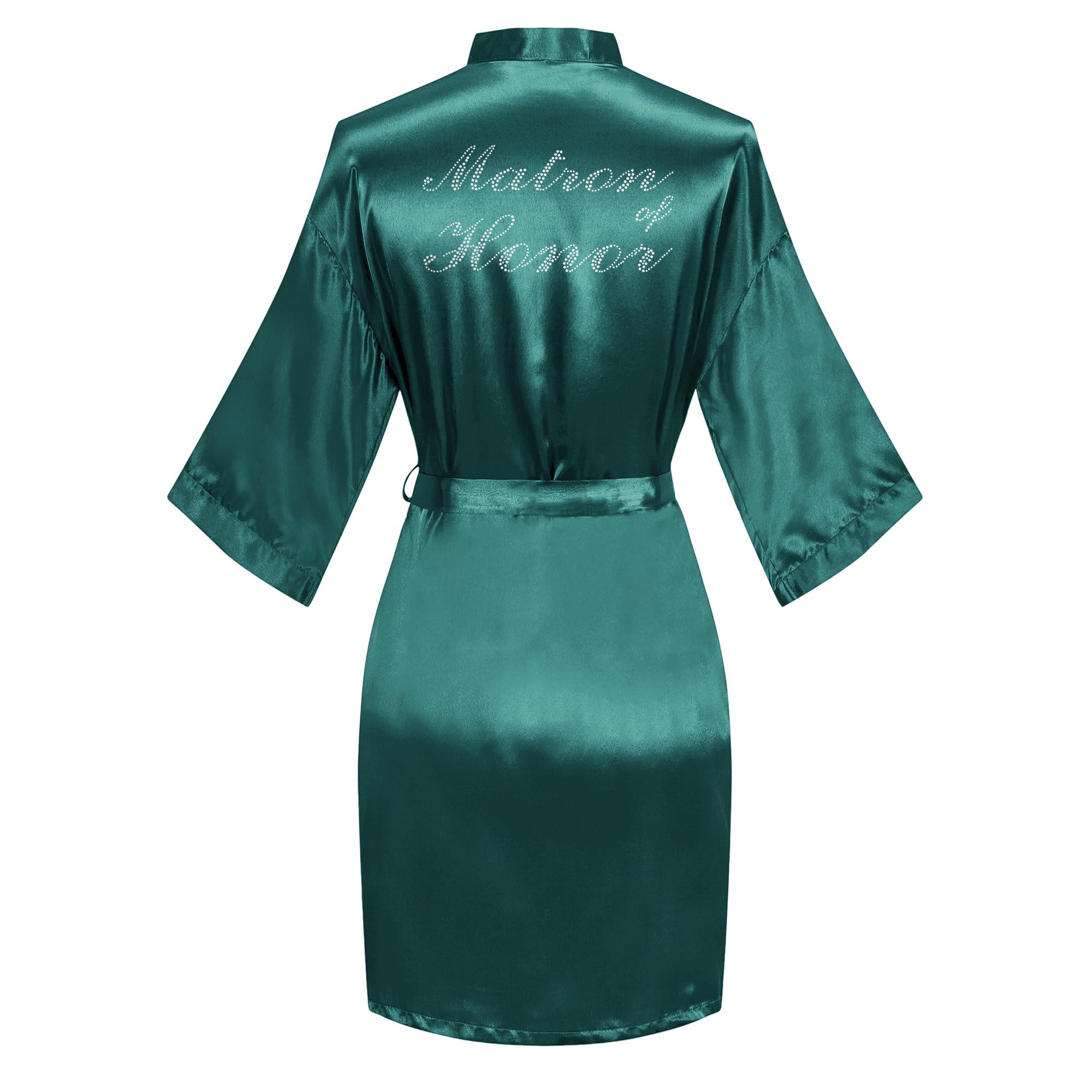 Women's Satin Robe Short Kimono for Bride &amp; Bridesmaid with Silver Rhinestones, Wedding Party Robes