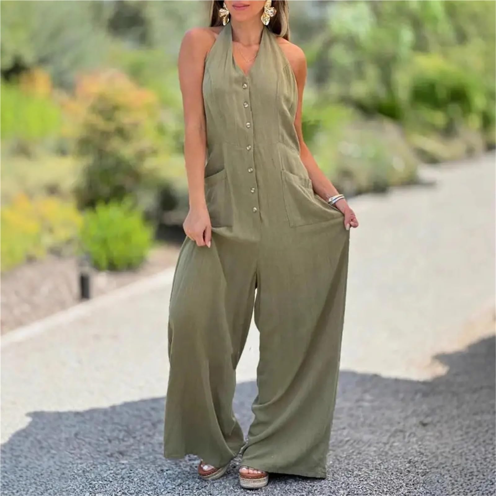 Tuta Intera in Lino da Donna Tuta di lino Abbigliamento da lavoro Pagliaccetto donna Elegante scollo a V lungo senza maniche Tute avvolgenti a vita alta Moda Streetwear
