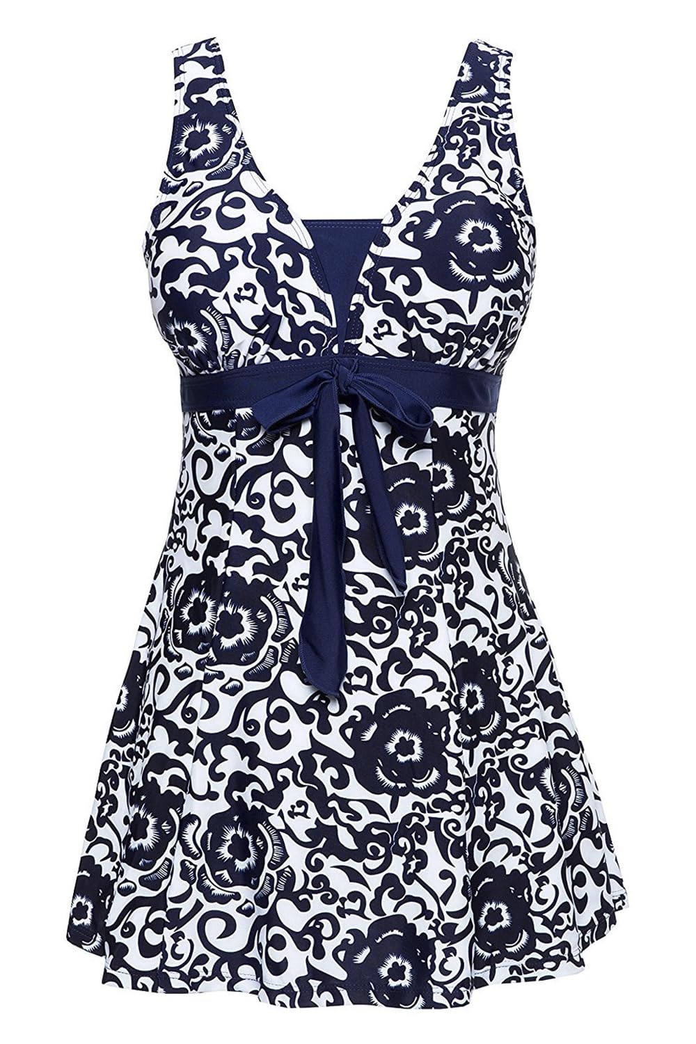 Costume da bagno intero da donna a pois con gonna per il controllo della pancia