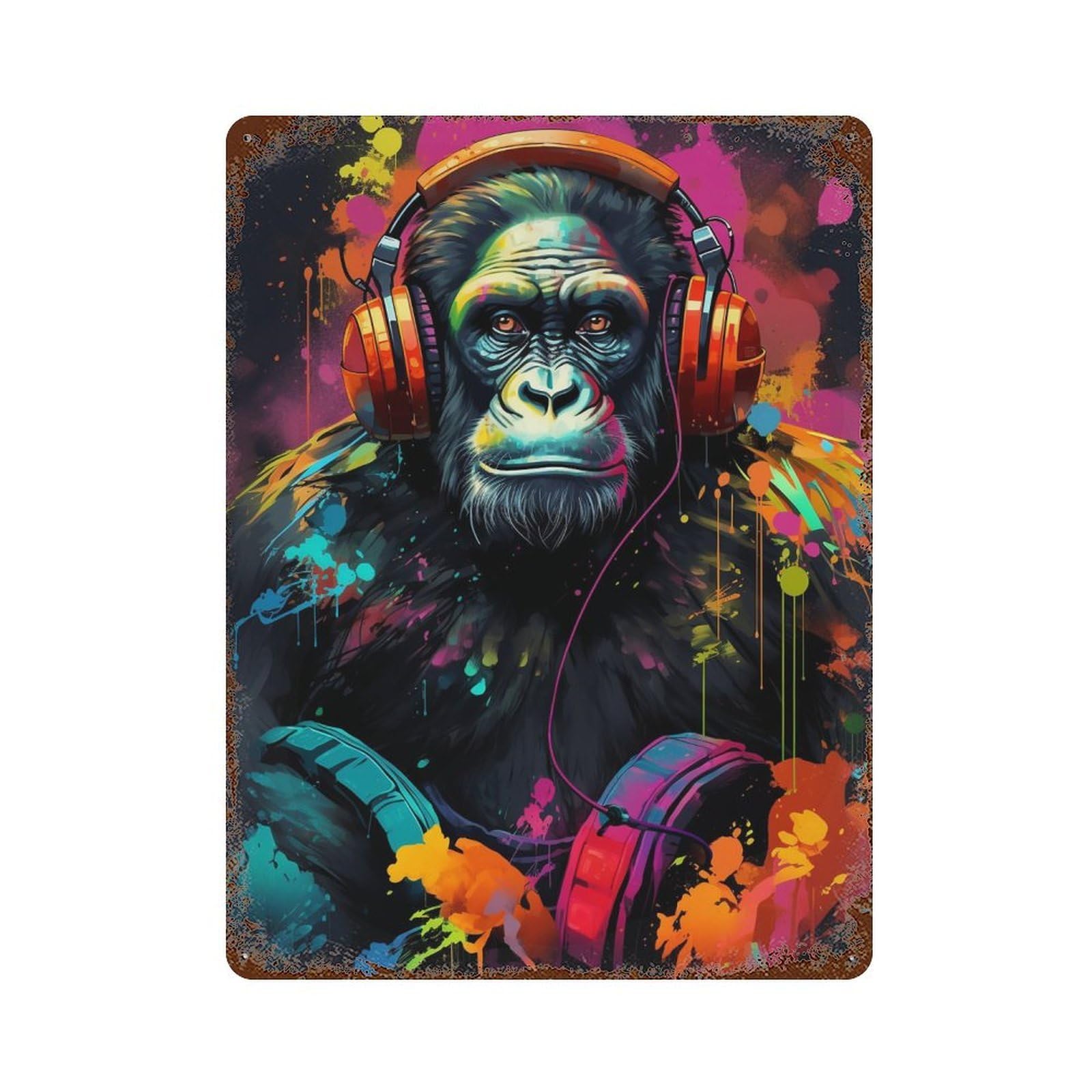Chimp Colorful Monkey Music Art 15.7"x11.8" Vintage Rust Metal Sign, Classic Wall Plaque for Pub, Kitchen And Man Cave Decor