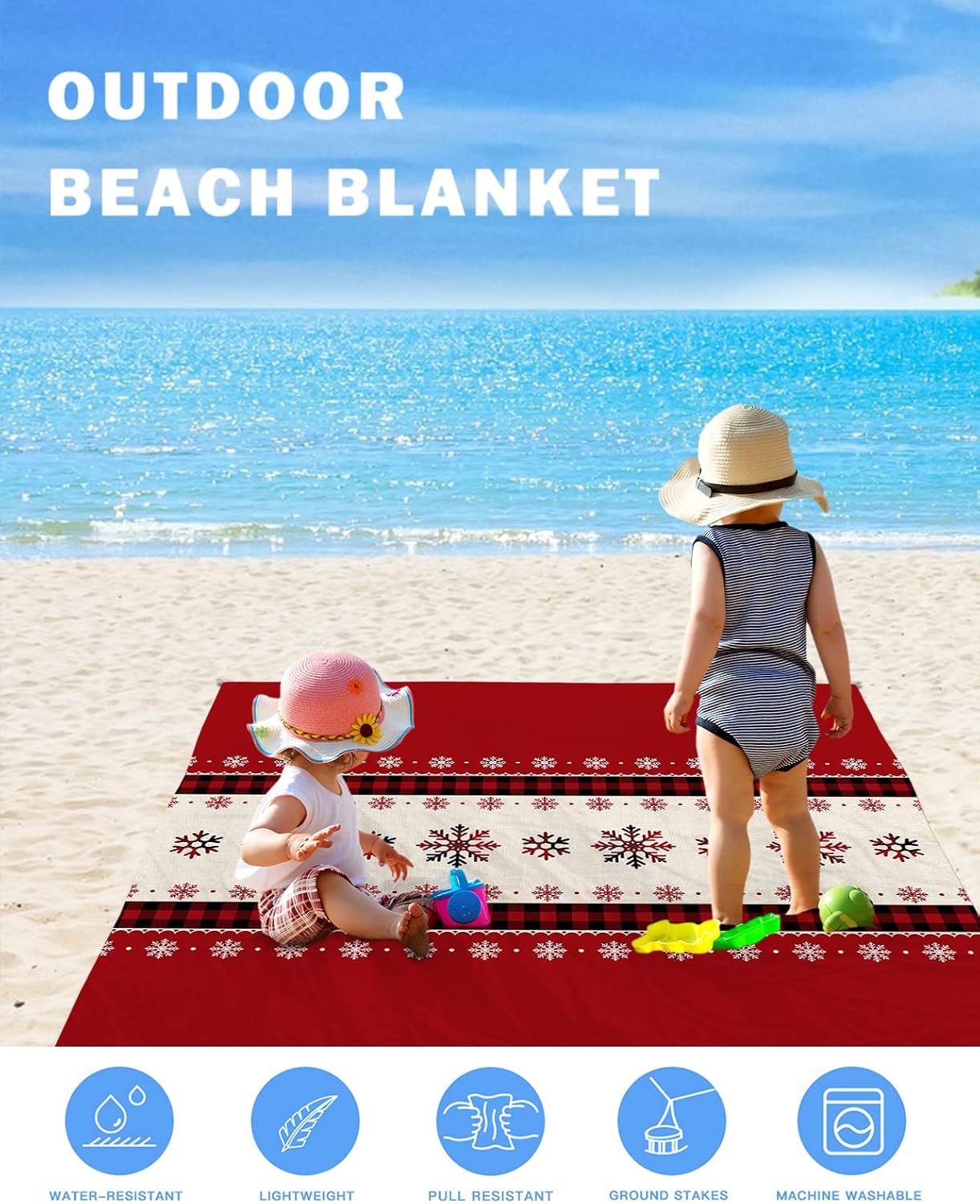 Retro Ethnic Christmas Snowflake Beach Blanket Waterproof Sandproof Outdoor Picnic Mat 108"x84" Red Black Buffalo Check Lightweight Large Beaach Blankets with 4 Stake & 4 Corner Pockets