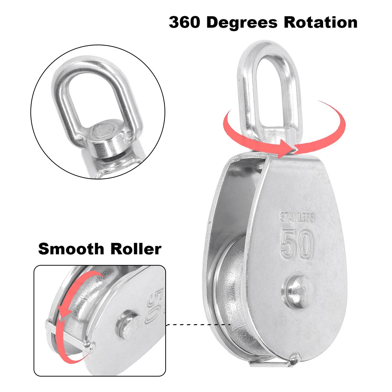 Set di 3 Carrucole Singole con capacità di Carico di 400 Kg, Puleggia in Acciaio Inossidabile a Forma di U con Rotazione di 360 Gradi per Sollevare Barche, Bici da Fitness