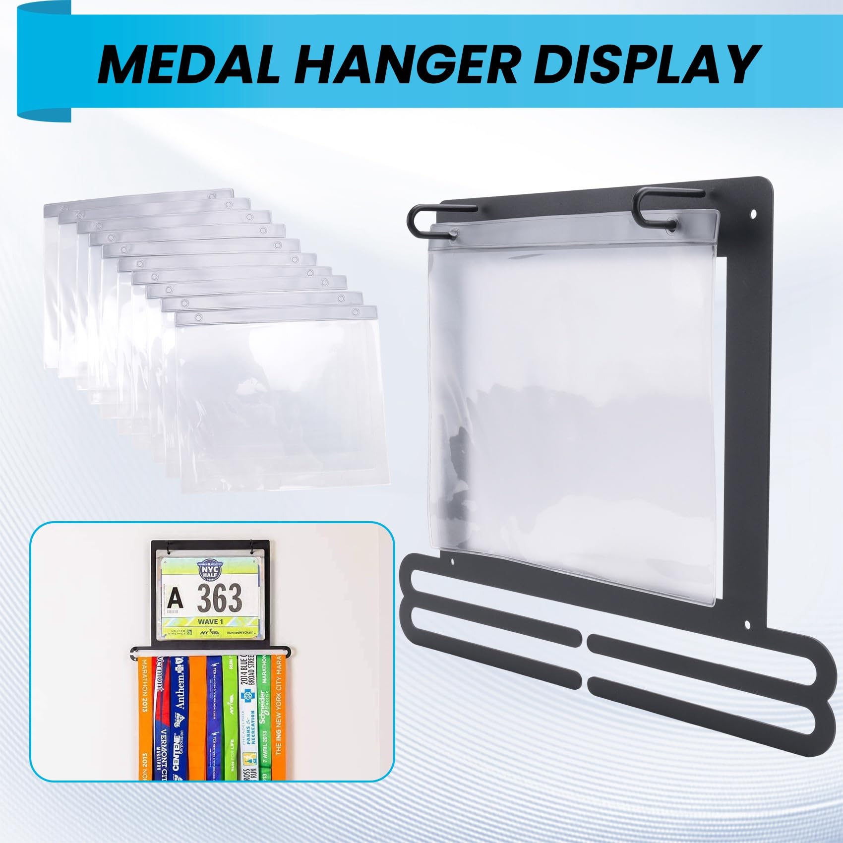 Exhibición de Medallas Colgador de Medallas Montado en la Pared Babero para Correr y Soporte para Medallas Estante para Medallas Colgante Soportes para Medallas de Forma Cuadrada