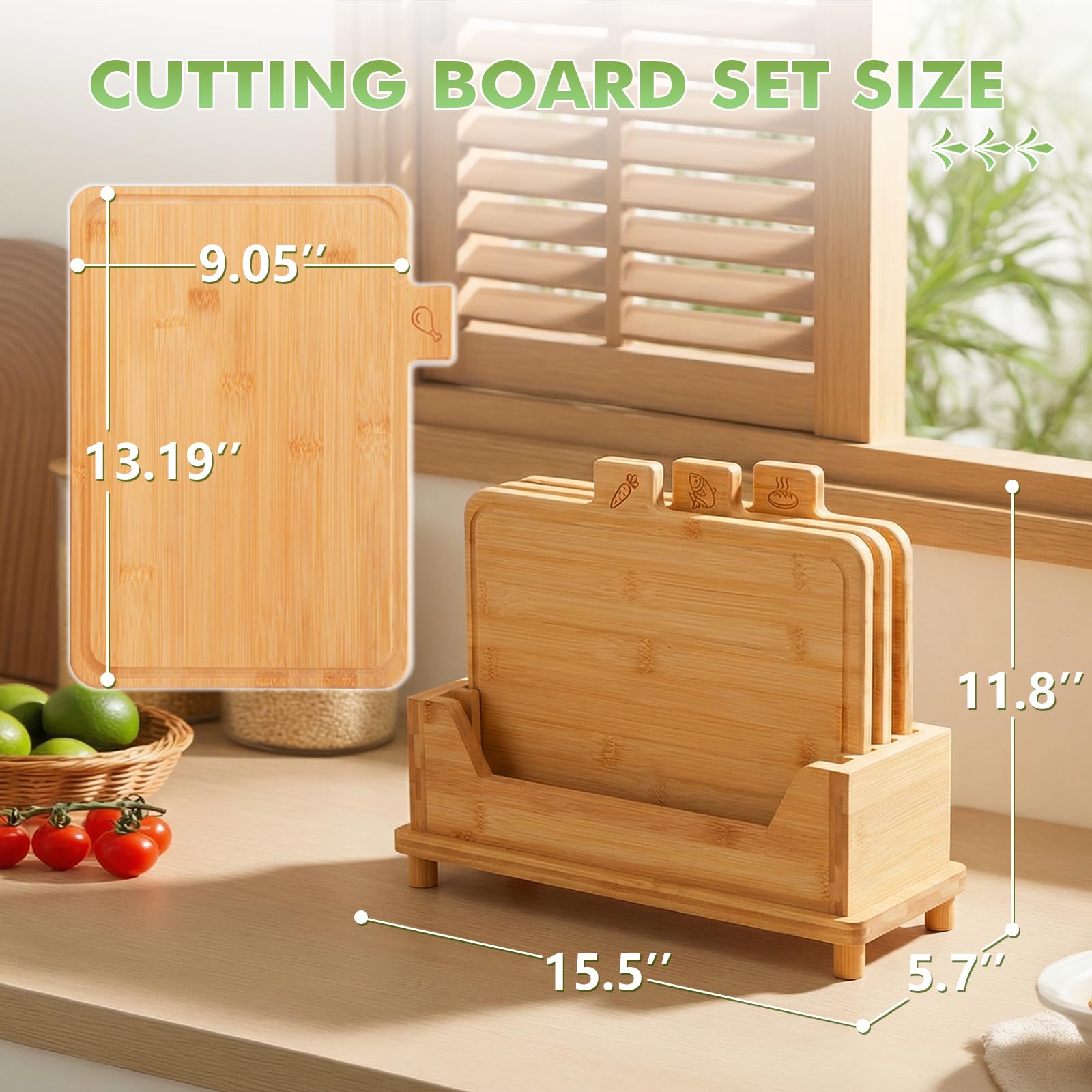 Set di 4 taglieri grandi in bambù, con supporto, con icone del cibo e scanalatura per succhi, ideale per carne, pesce, pane e verdure