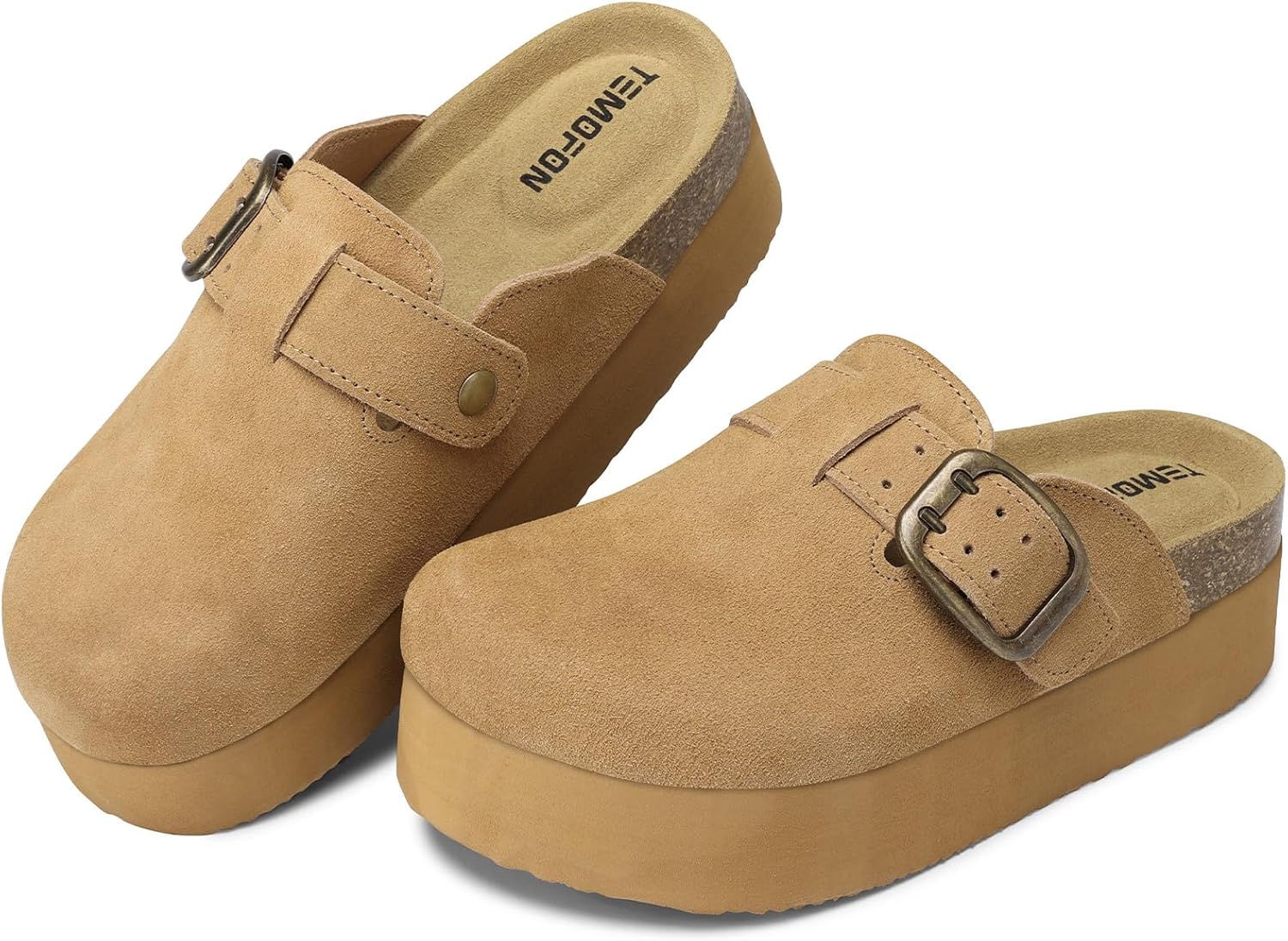 TEMOFON Genuine Suede Clogs for Women: Comfortable Leather Platform Mules & Clogs for Women Footwear - Cork Footbed Closed Toe Sandals Potato Shoes - Image 6