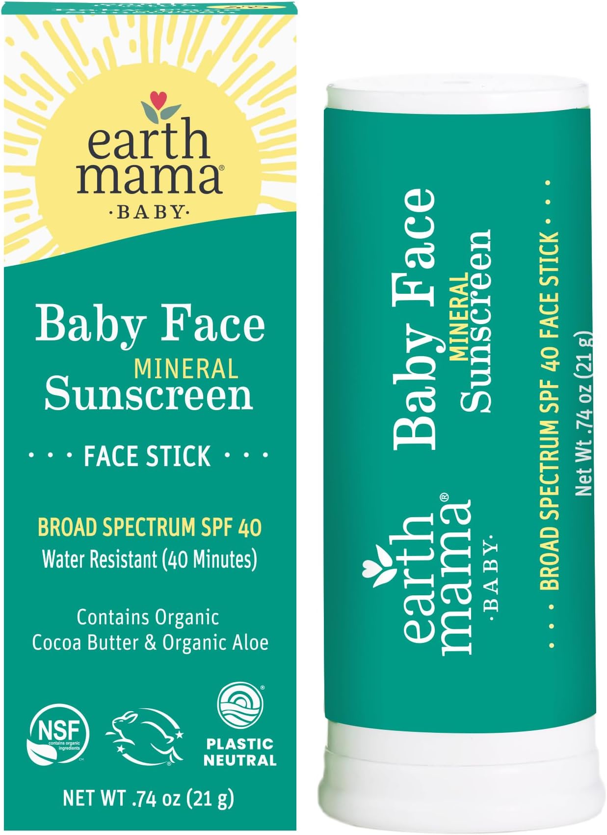Earth Mama Baby Face Mineral Sunscreen Stick SPF 40 | Non-Nano Zinc, Contains Organic Cocoa Butter & Aloe | Babies, Kids & Family 0.74-Ounce