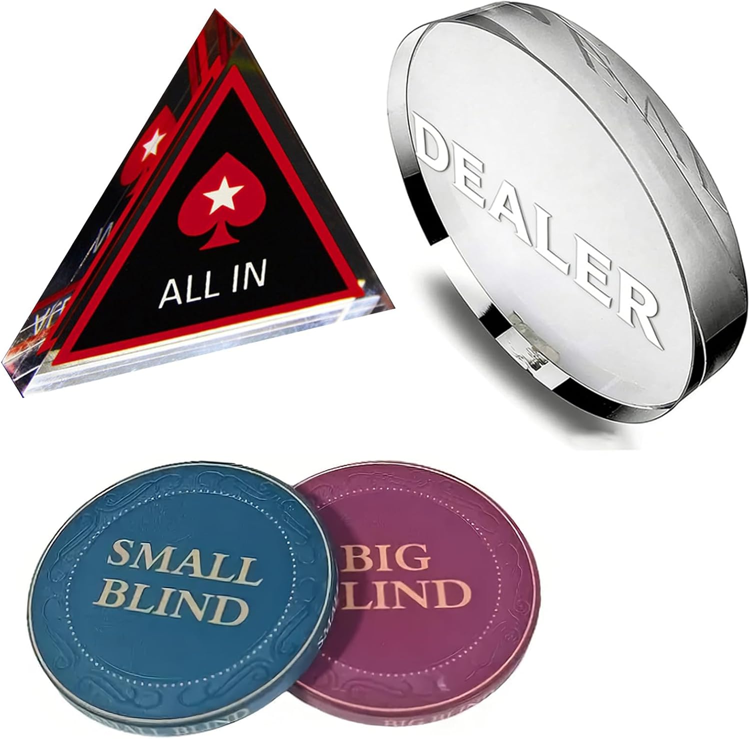 [Set of 4] Dealer Button, Ceramic Big Blind and Small Blind, Poker Crystal ALL IN Buttons (Position Markers)Poker Chips for Texas Holdem Poker Night | Professional Dealer Button & Poker Accessories