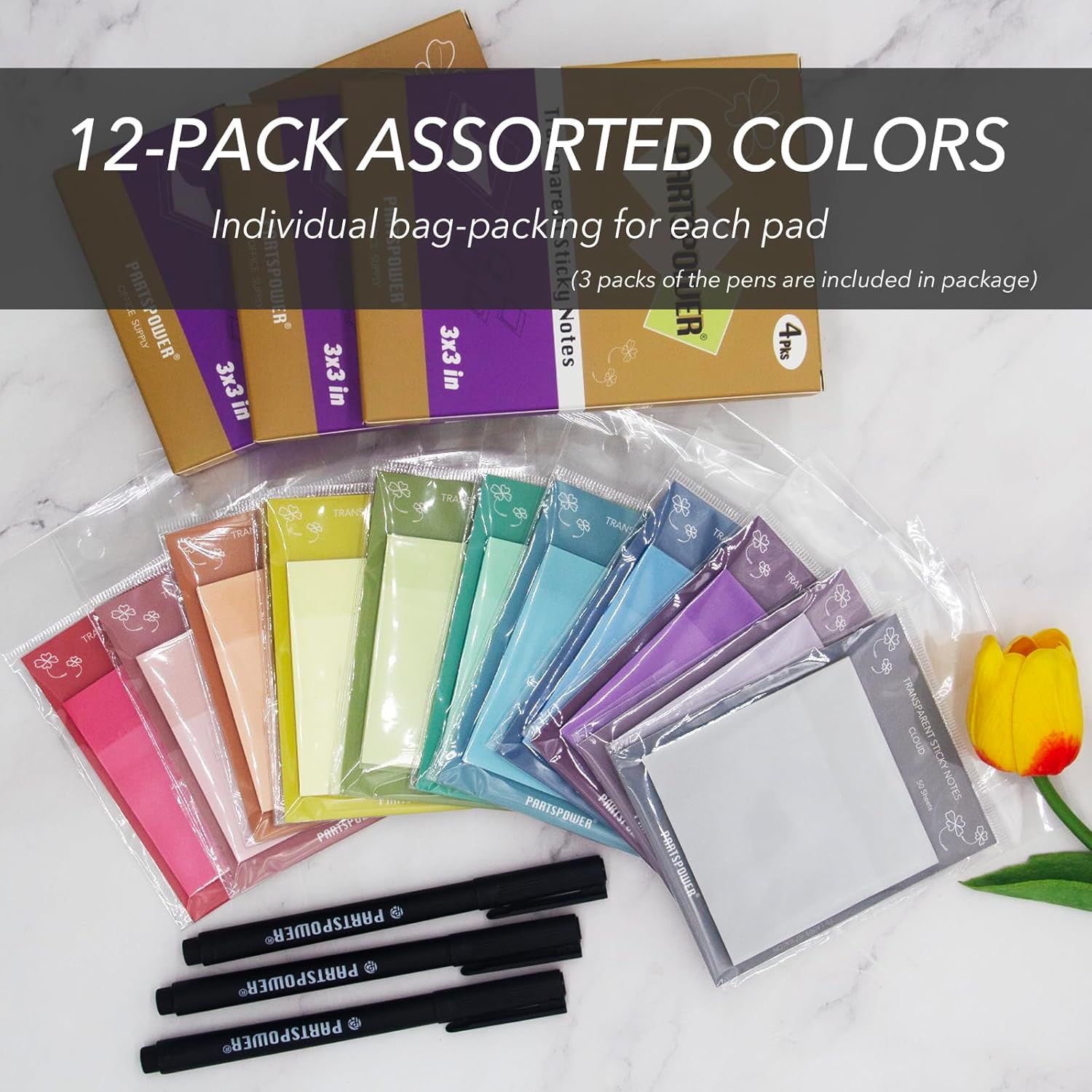 PARTSPOWER Super Transparent Sticky Notes, Jewel Tones 3X3 Inch 12 Packs See Through Annotating Sticky Notes for Annotating, Bible Study Supplies, Office School Supplies, 3 Sets 12 Pads