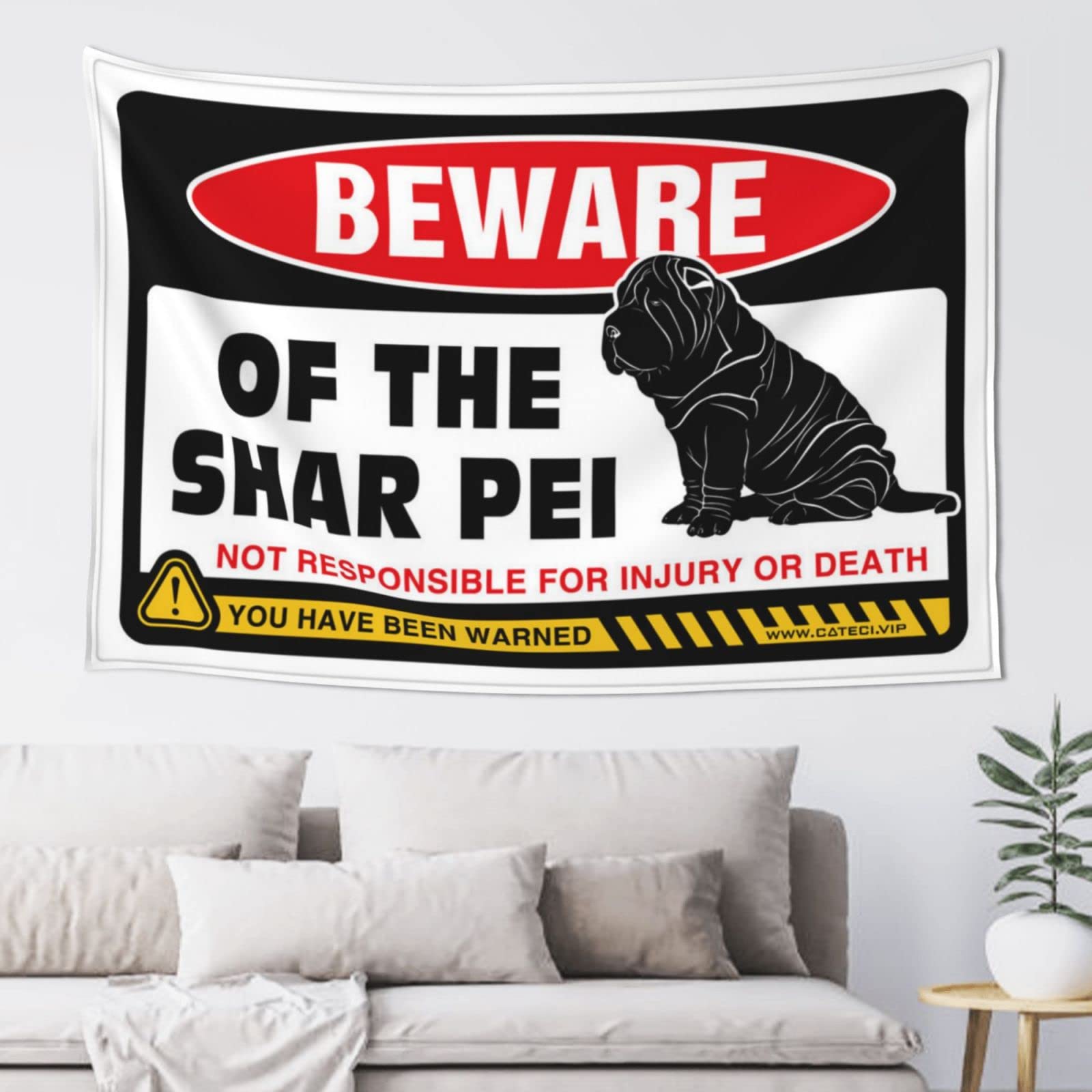 PRAVOXI Tapestries For Bedroom Beware Of Shar Pei Tapestry Hanging Wall Decor Tapestries For Bedroom(75X100CM)