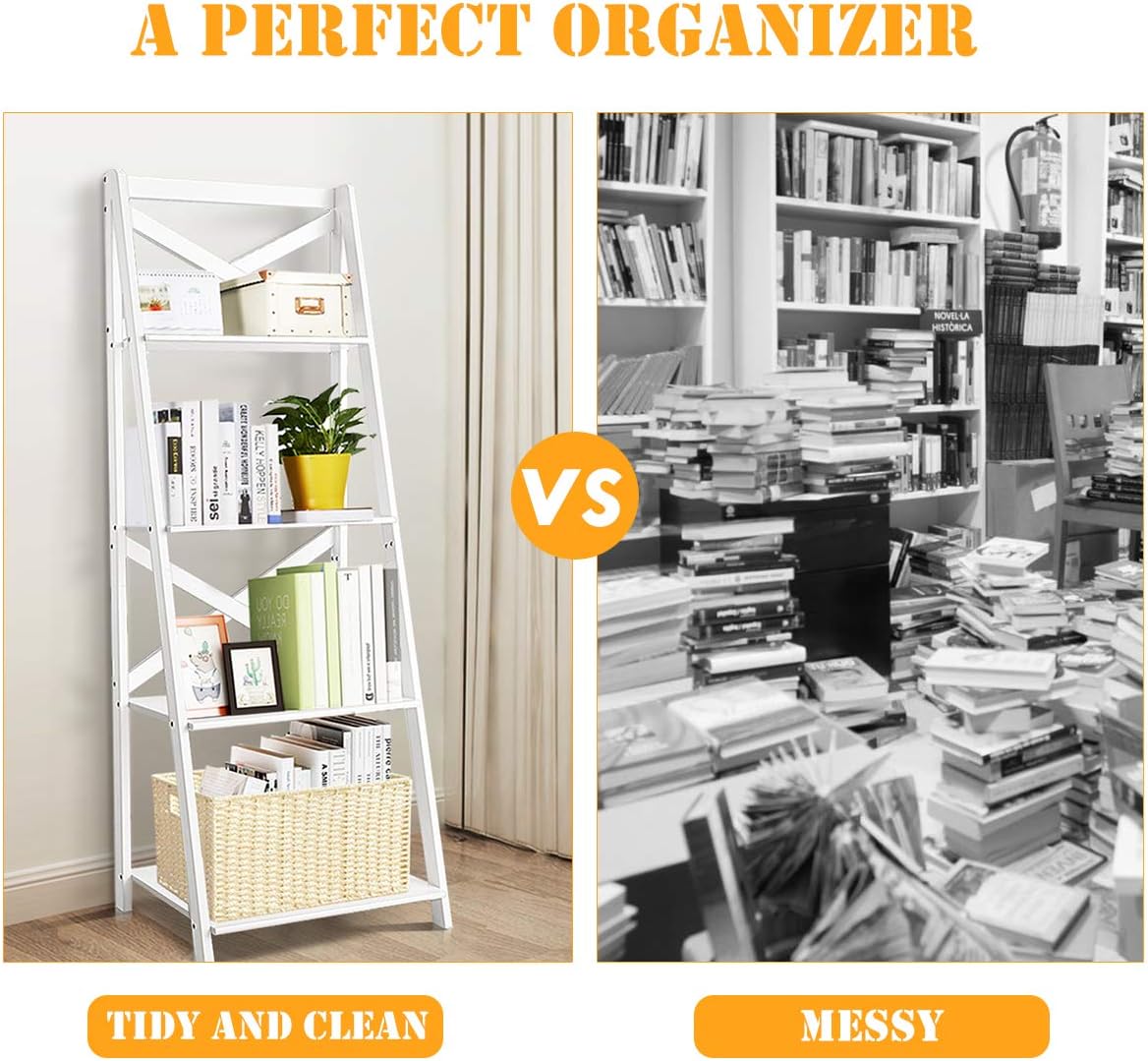 Tangkula 4-Tier Ladder Shelf Bookcase Leaning Free Standing Wooden Frame Decor Bookshelf Storage Flower Shelf Plant Display Shelf for Home Office (White, 2)