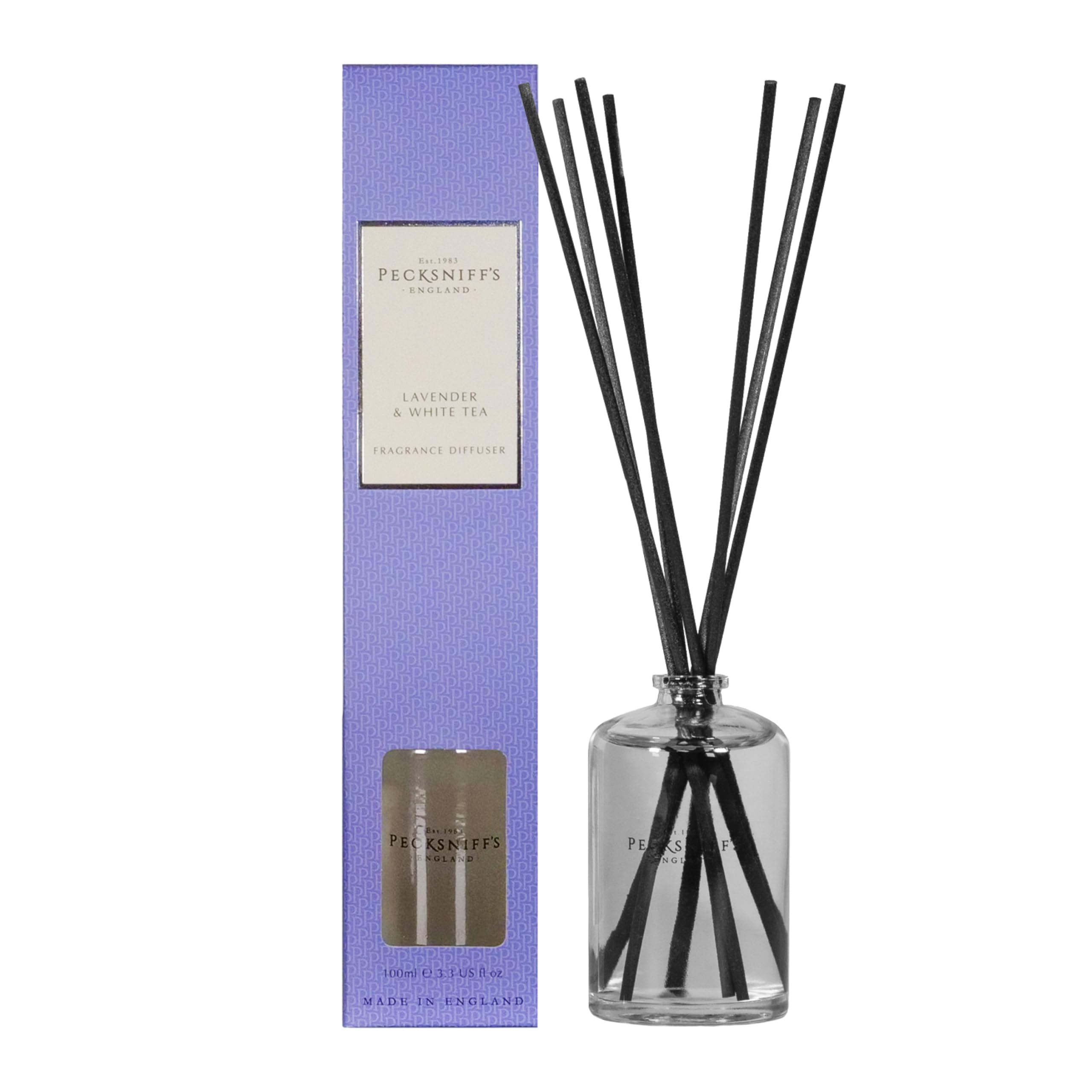 Pecksniff’s Reed Diffuser for Home, Lavender & White Tea Fragrance, Luxury Room Freshener, Handcrafted in England, 100 ml/3.38 fl oz
