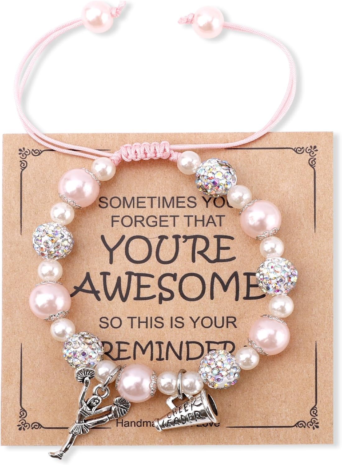 Cheer Bracelet with Encouragement Card, Positive Cheerleading Beaded Charm Bracelet with Rhinestones Beads Jewelry Gifts for Cheer Team Cheerleader