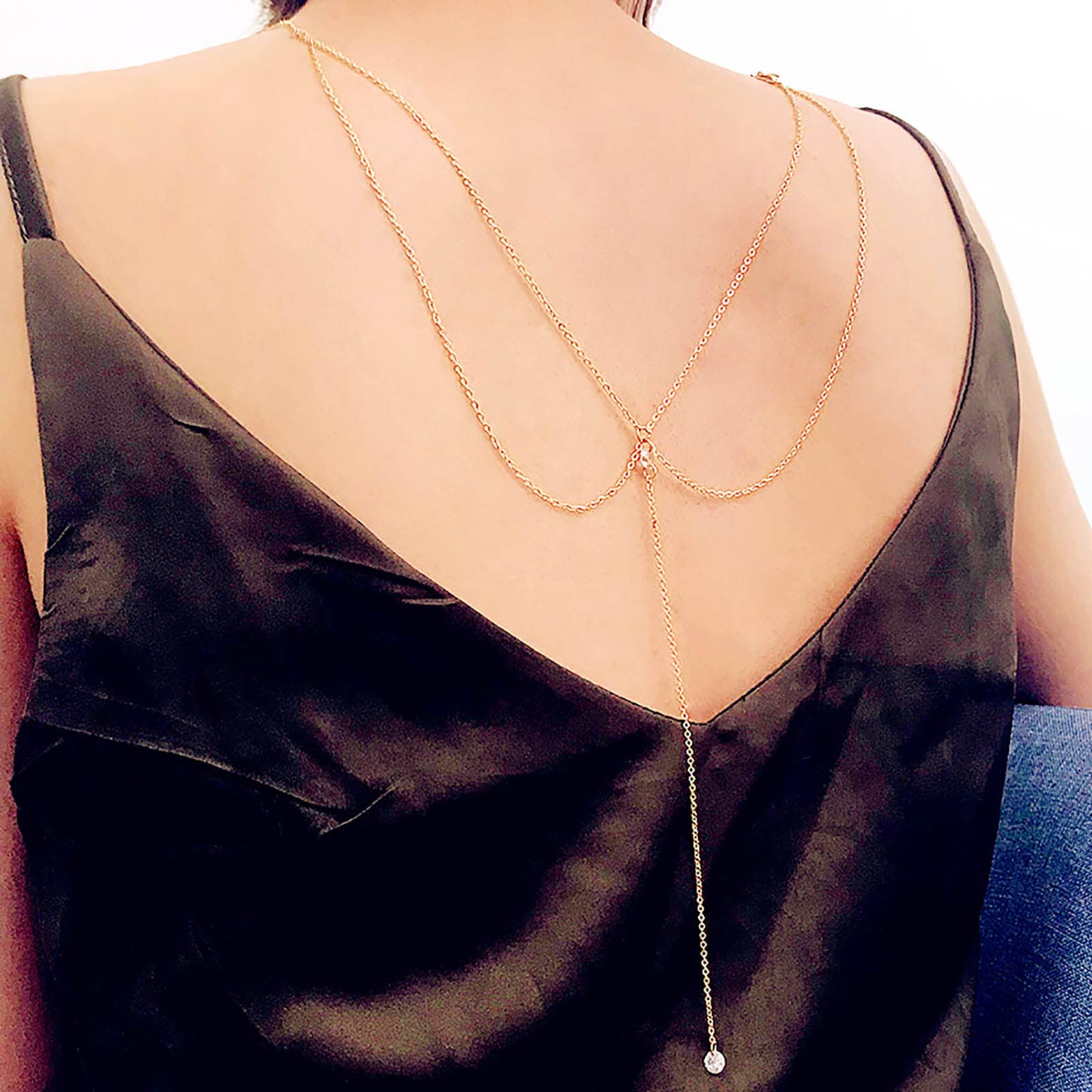 TseenYi Back Necklace Crystal Backdrop Necklace Body Chain Summer Beach Wedding Jewelry for Women and Girls(Gold 1 Pcs)