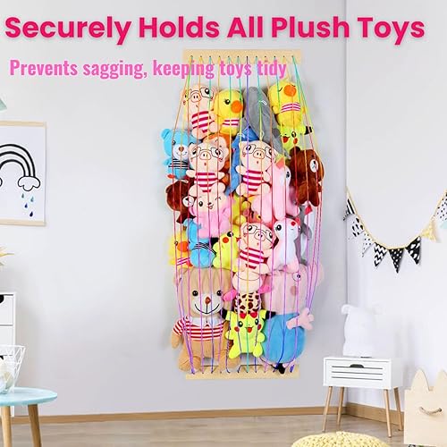 Miniatura 7 de Organizador de juguetes de madera suave para almacenamiento de animales de peluche, bonito y duradero para pared o puerta, longitud ajustable,