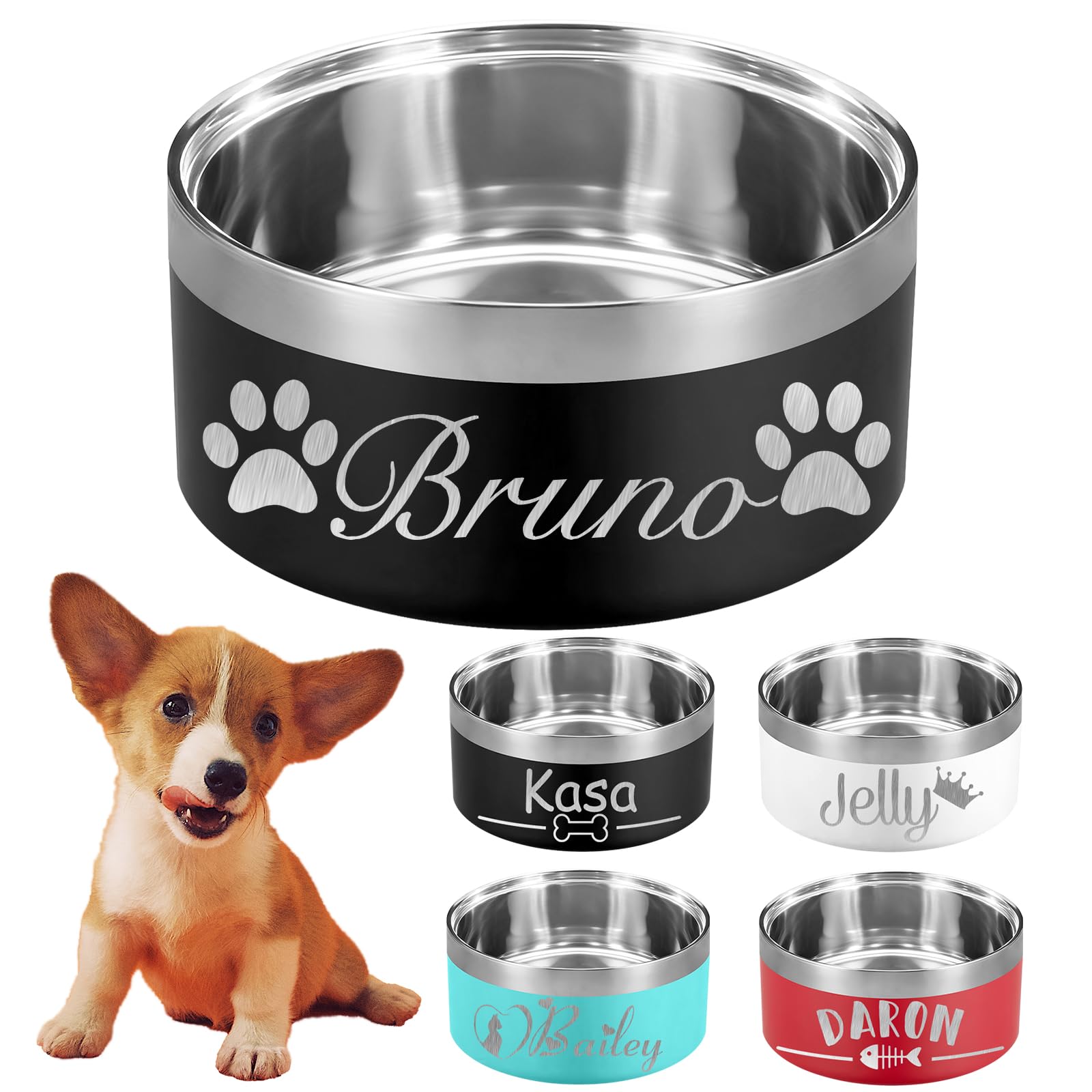 Personalized Dog Bowls with Name Custom Double Insulated Stainless Steel Food & Water Bowls for Dog Cat Customized Engraved Pet Puppy Dishes 18/32/42/