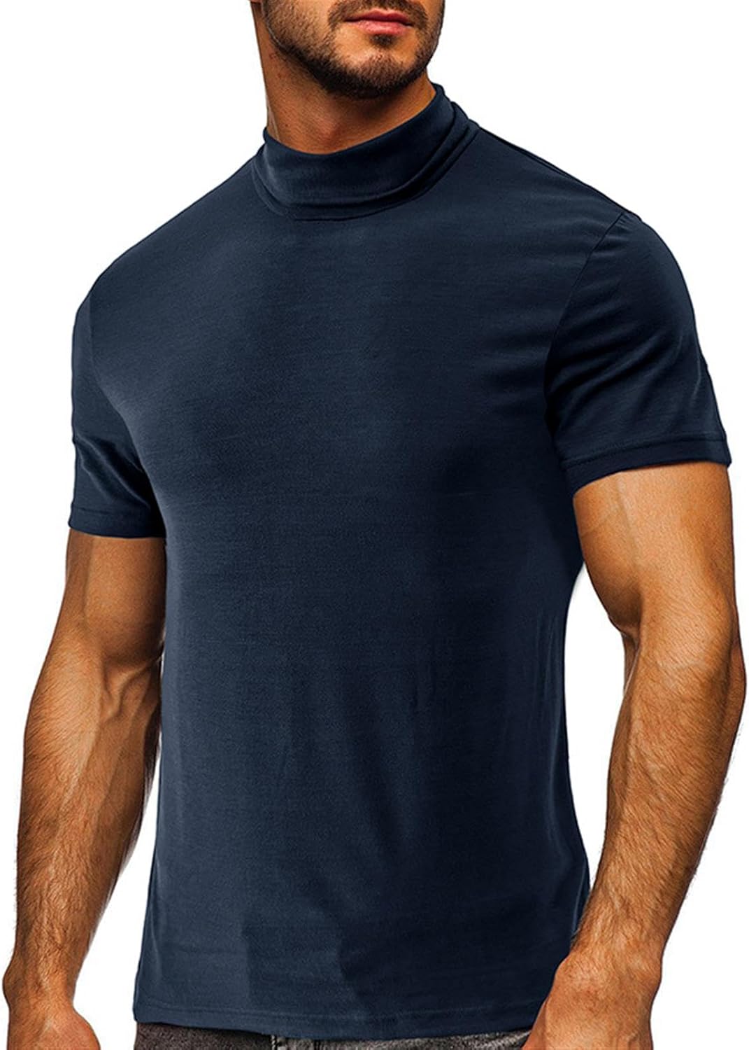 Mens T Shirt Short Sleeve Basic Turtleneck Slim Fit Undershirt Pullover Solid Sport Shirts Tops