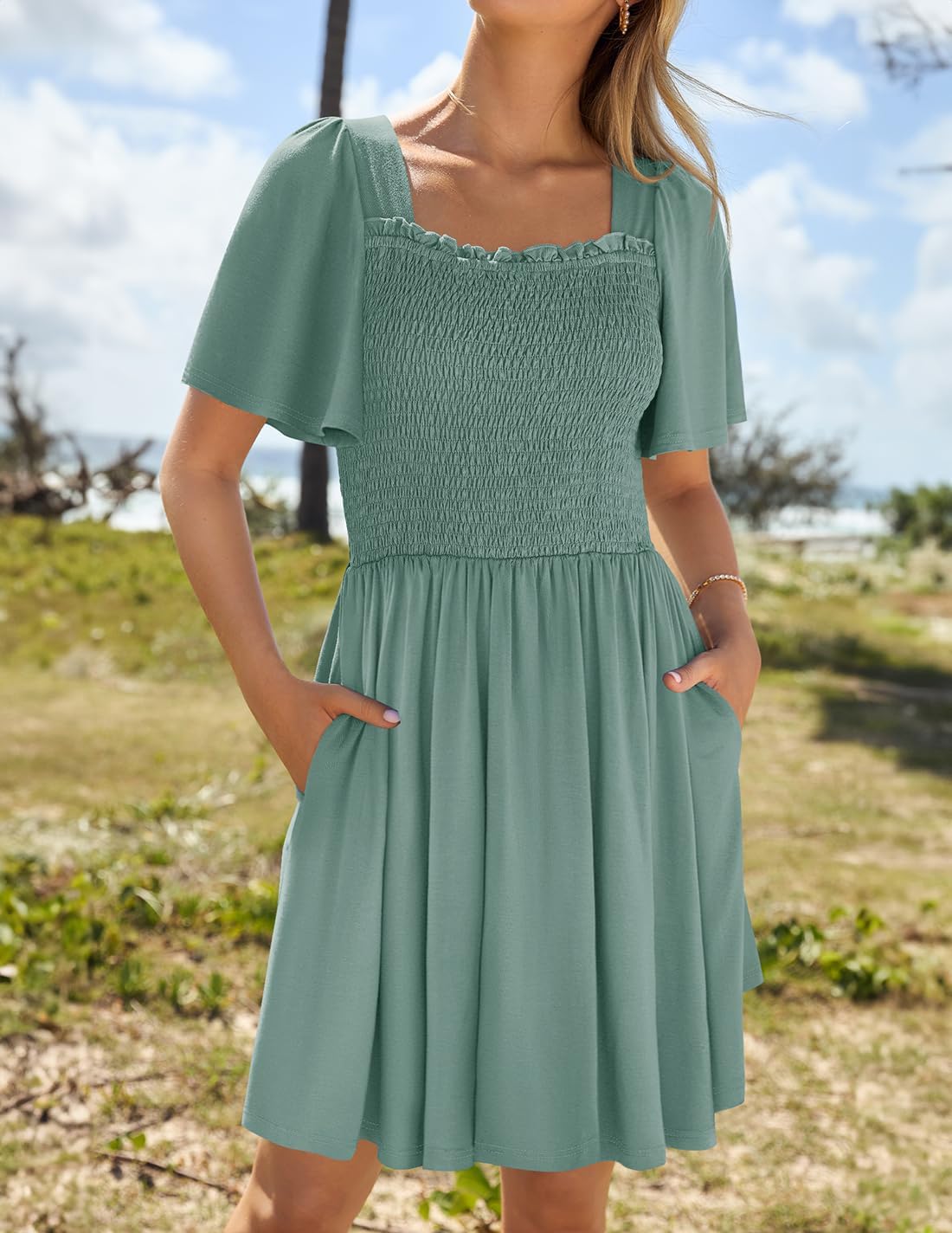 ZESICA Women's 2026 Summer Casual Mini Dress Flutter Short Sleeve Square Neck Smocked Tiered Ruffle Flowy Dresses - Image 2