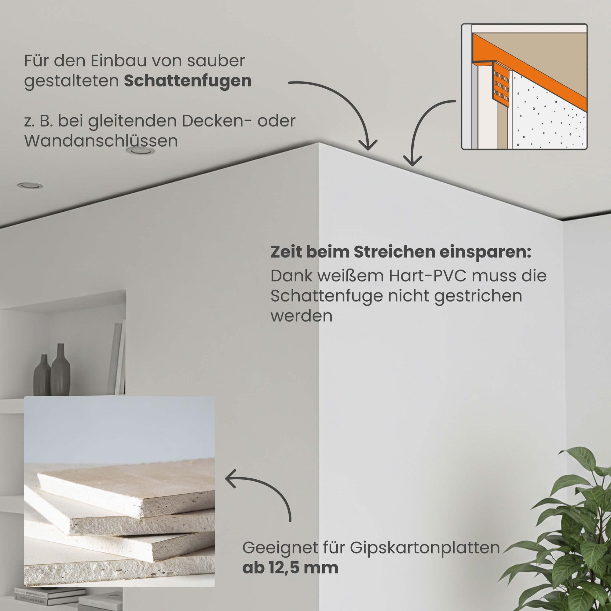 PROTEKTOR 50x Schattenfugenprofil 305cm, weiß – Abschlussprofil 37824 mit 12mm Schattenfuge für Gipskarton im Trockenbau aus Hart-PVC