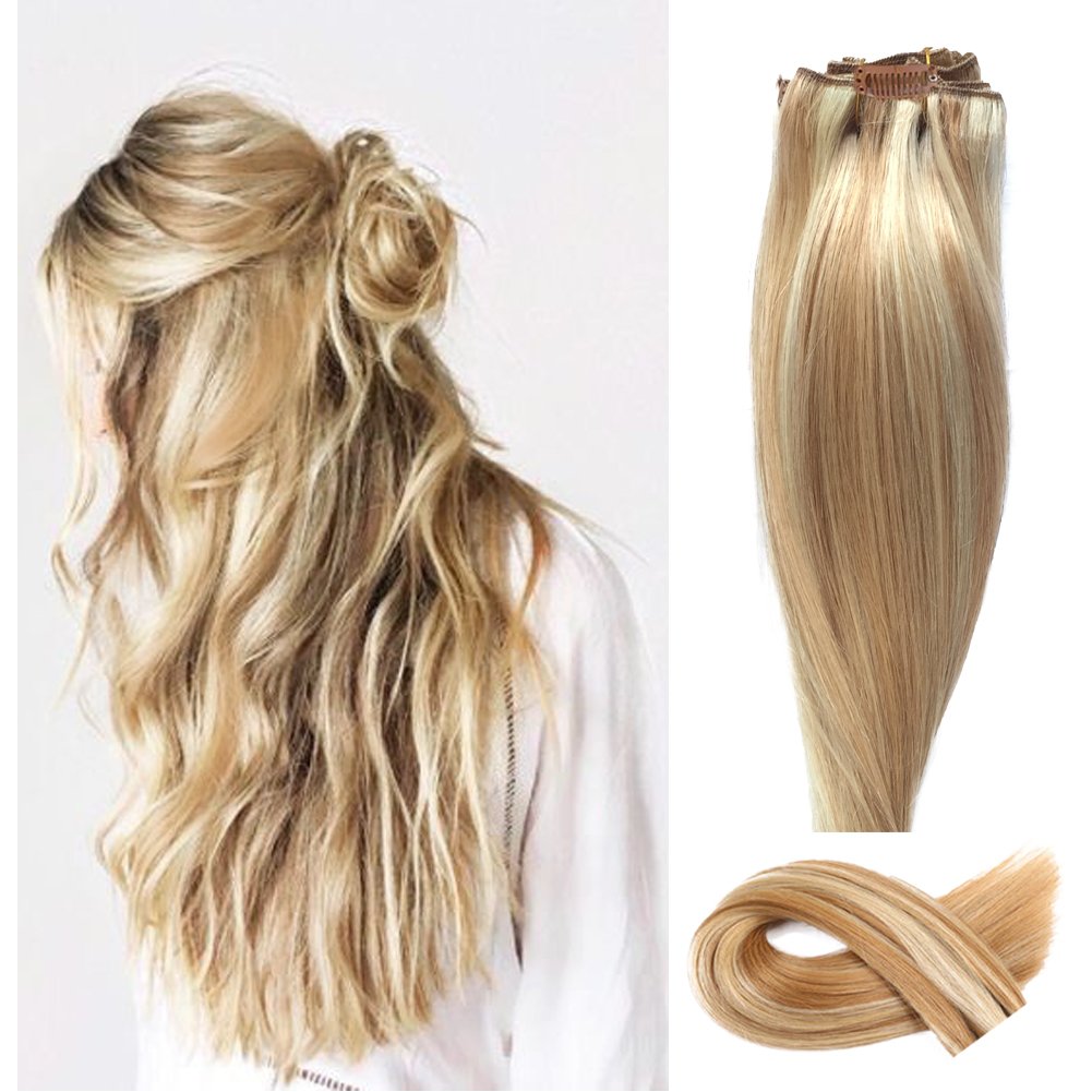 ChicFusion Silky Straight 14" Caramel Human Hair Extensions Clip in #27/613 Mixed Color Blonde Highlight 70g