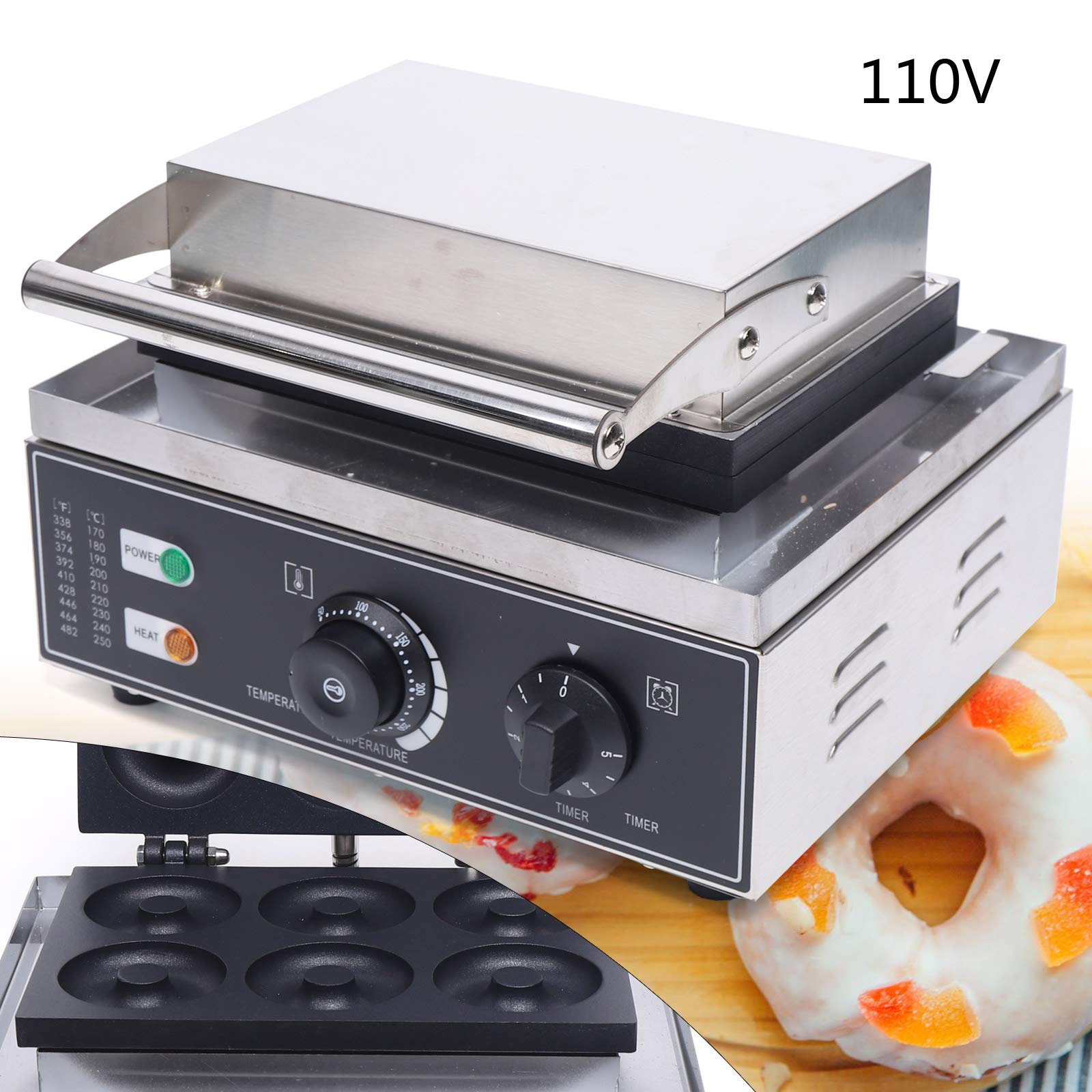 6 Holes Doughnut Machine Commercial Waffle Donut Machine Electric Waffle Maker Donut Machine Double-Sided Non-stick Donut Maker for Professional Kitchen,Bakery,Dessert Shop Heating 50-300? 110V