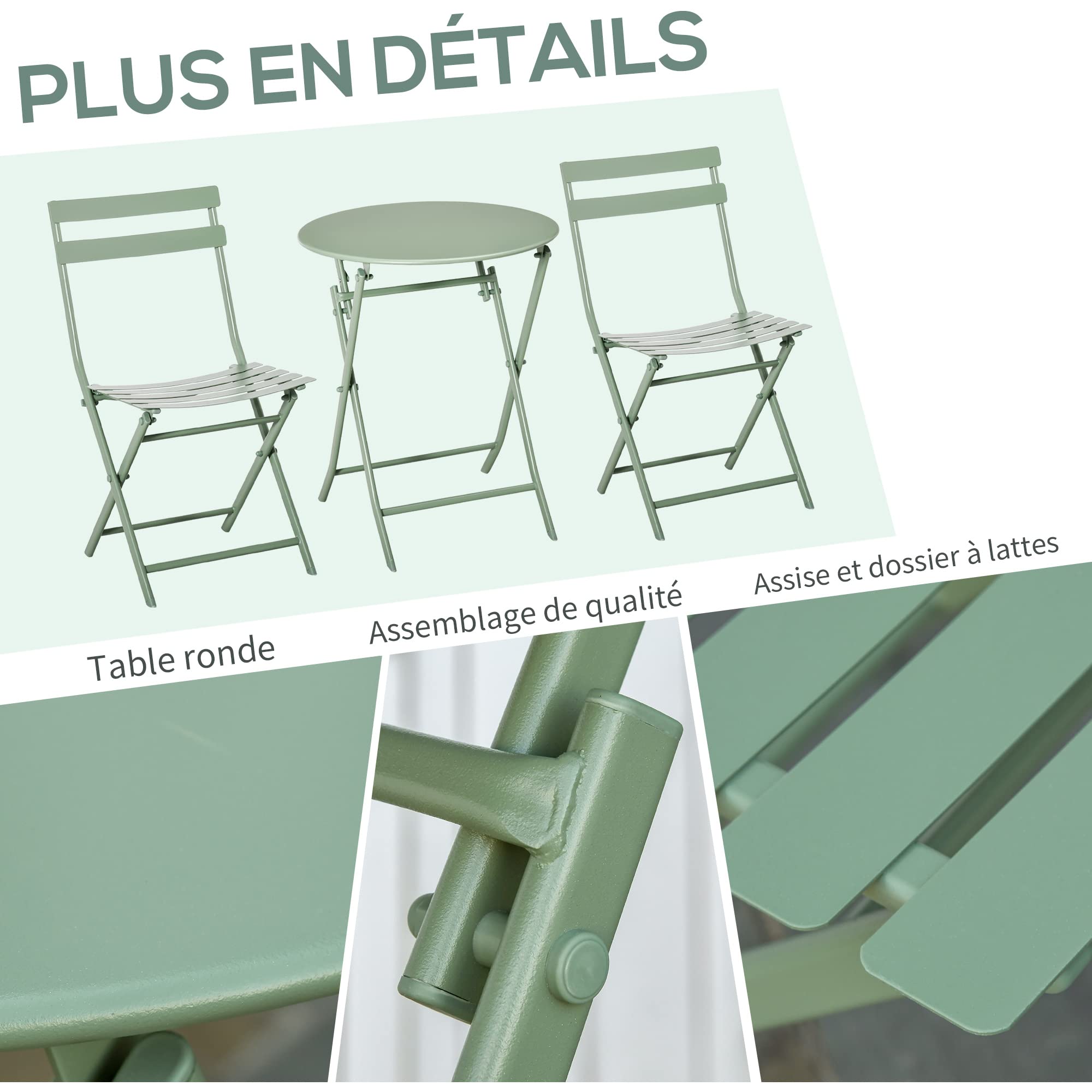 Outsunny Salon de Jardin 2 Personnes - Table Bistrot Pliable Ronde Ø 60 cm avec 2 Chaises Pliantes Métal Thermolaqué Vert