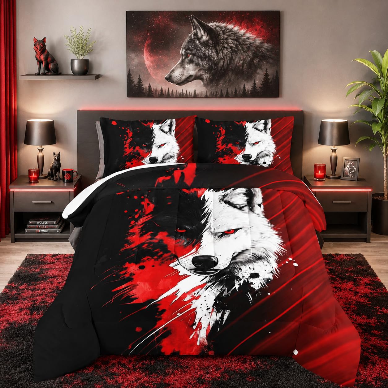 Parure loup au milieu avec fond rouge et noir pour décoration de lit double