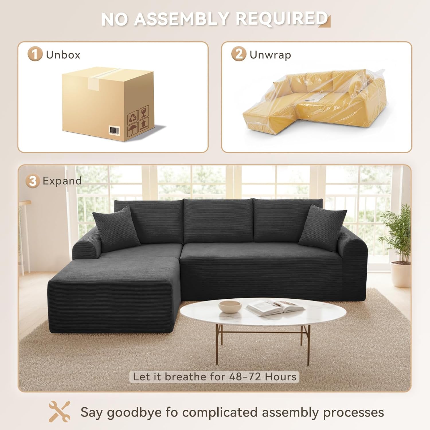 Modular Sectional Sofa with Chaise, Cloud Sectional Couch with Deep Seat, Modular L-Shape Sofa Corduroy Boneless Couch for Living Room,Bedroom,No Assembly Required(Deep Gray, Left Facing Chaise)