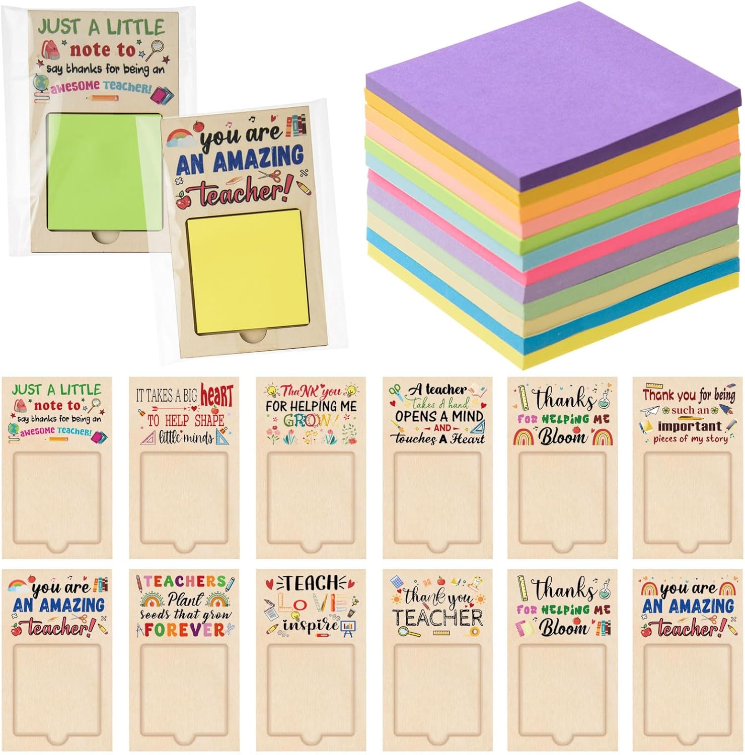 MixTeach 72 Pcs Teacher Appreciation Gifts Wooden Sticky Notes Pads Holder with Sticky Notes OPP Bags Inspirational Back to School Thank You Gifts Sticky Note Organizer for Teacher Coworker Employee