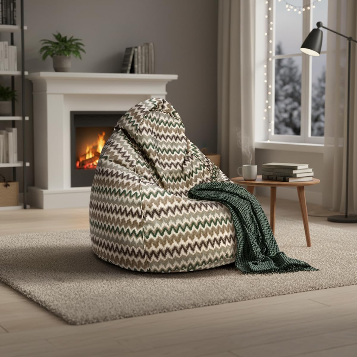 Ecopuf - Bean Bag - Sitzsack mit Füllung - Sitzsack Outdoor & Indoor, Bean Bag Chair mit Wasserabweisender Stoff, Zickzack Muster, 80(B) x 80(L) x 110 (H) cm, 2 kg, Fuzzy Outdoor Gelb