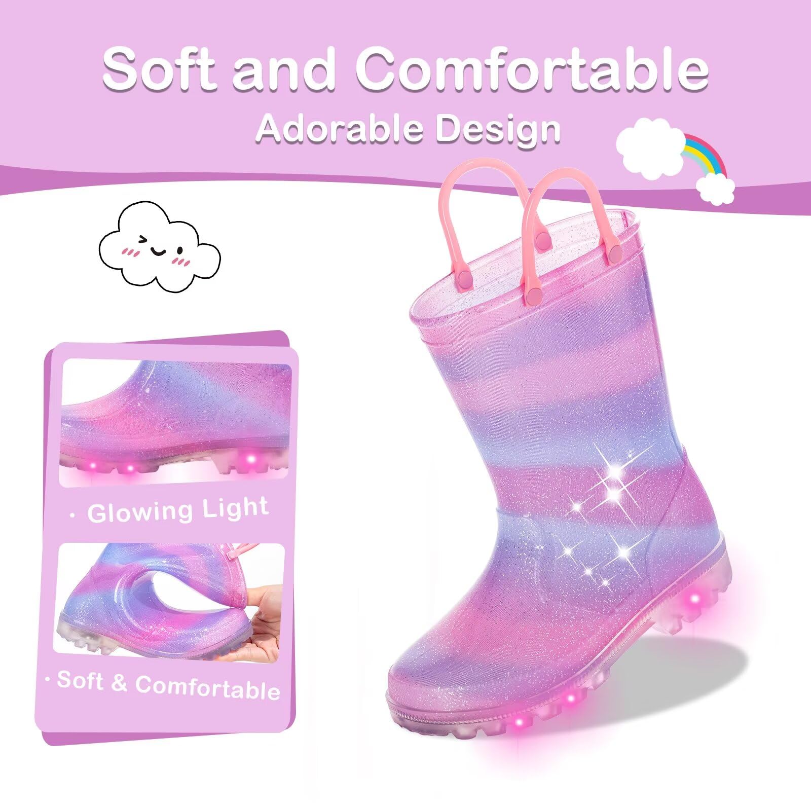 FUNCOO PLUS Botas de lluvia para niños y niñas, botas impermeables iluminadas