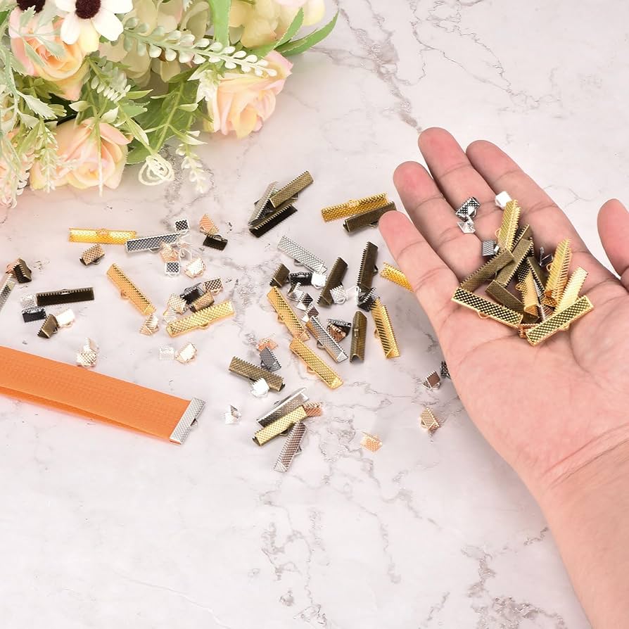 Sourcing Map 300Pcs Ribbon Crimp Clamp Ends, 6mm Bookmark Pinch Cord End Clasps For DIY Craft Making, 6 Assorted Colors