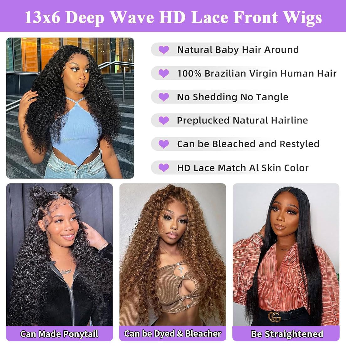 32 Inch Deep Wave Lace Front Wigs Human Hair Pre Plucked 200% Density 13x6 HD Lace Frontal Wigs For Women Human Hair Deep Wave Curly Wig Human Hair Natural Black