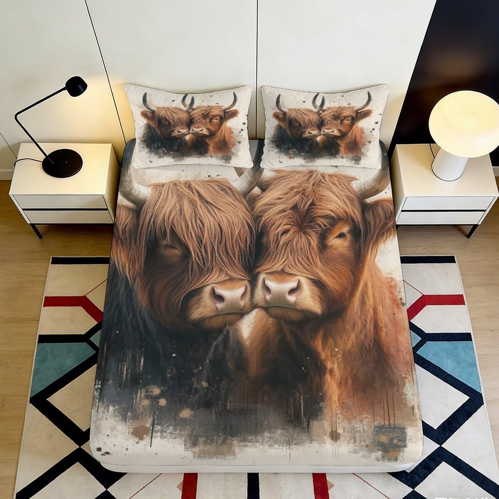 3D Printed Highland Cow Fitted Sheet Microfiber Brown Animal Art Bed Cover for Bedroom Guestroom Mattress Decor 90x200x25cm