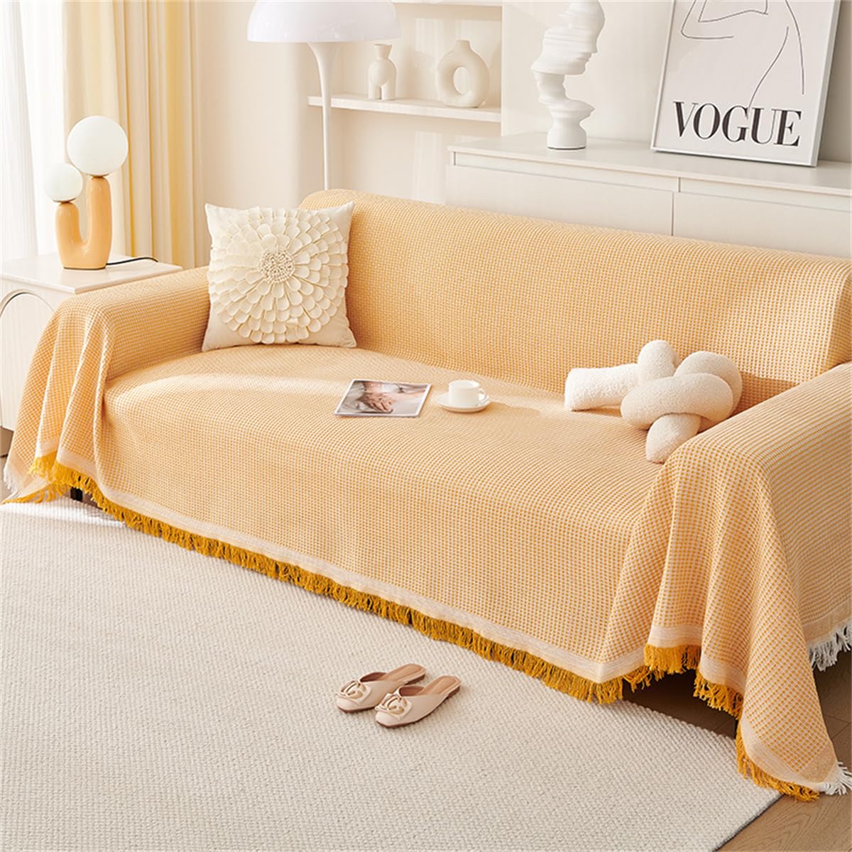 Cotton Sofas Throws Large 1/2/3/4 Seater, Bed Blanket Throws for Settees, Modern Solid Colour Non Slip Small Throw Sofa Covers King Size Blankets for Beds Double Cream Grey (Orange,180x380cm) — image 1