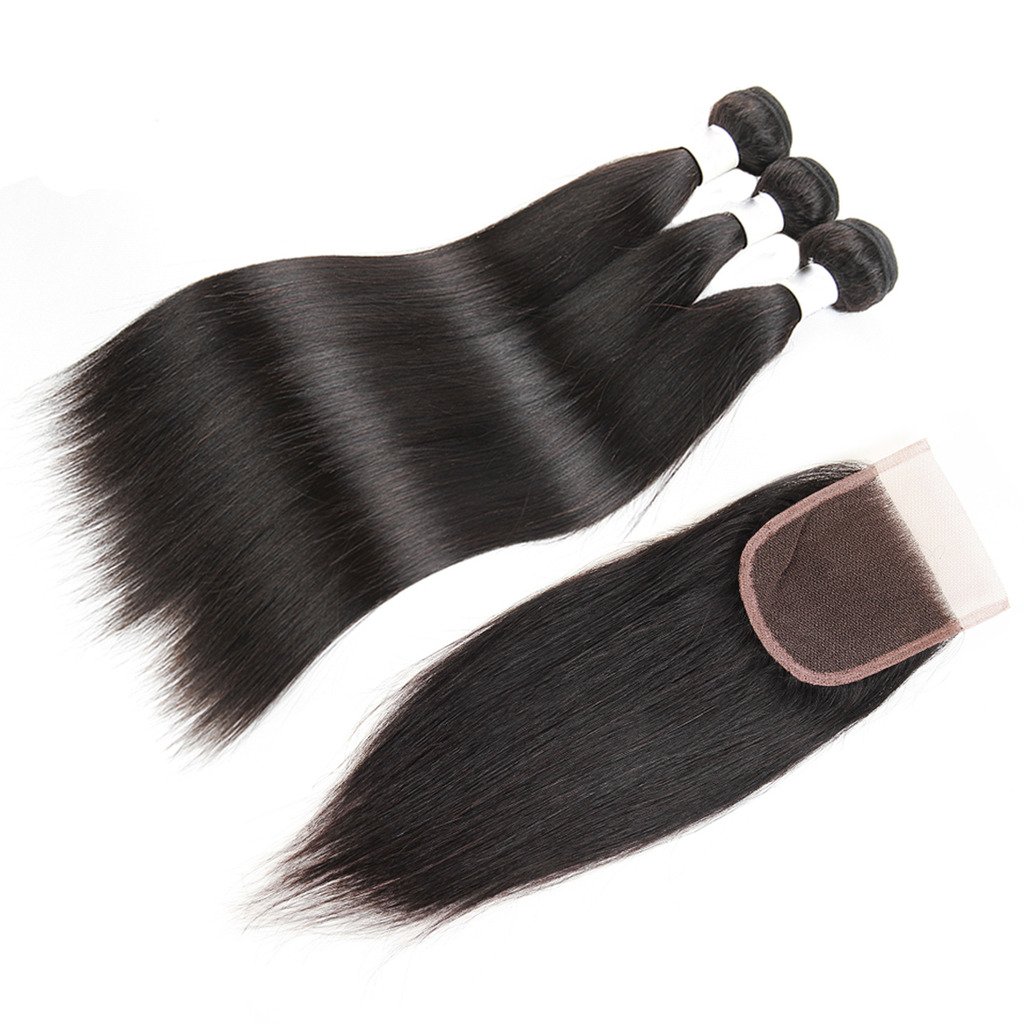 Lot de 3 mèches et 1 trame de cheveux raides vierges péruviens 8A+