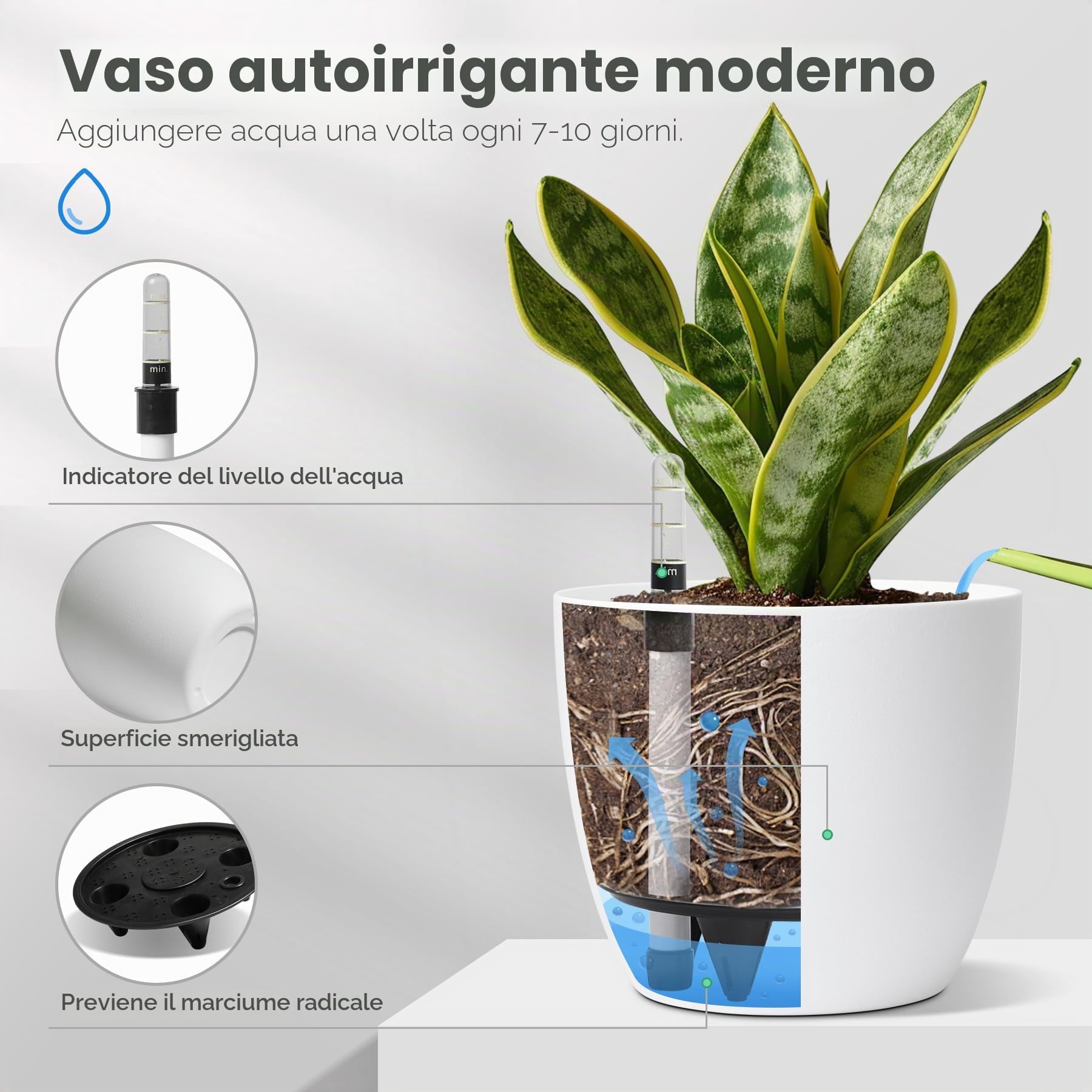 T4U Vaso per Piante da Interno, Vaso Autoirrigante 22 cm Set da 4 Bianco | Vaso con serbatoio acqua, Vaso con indicatore livello acqua, Piante verdi, erbe aromatiche, casa, balcone