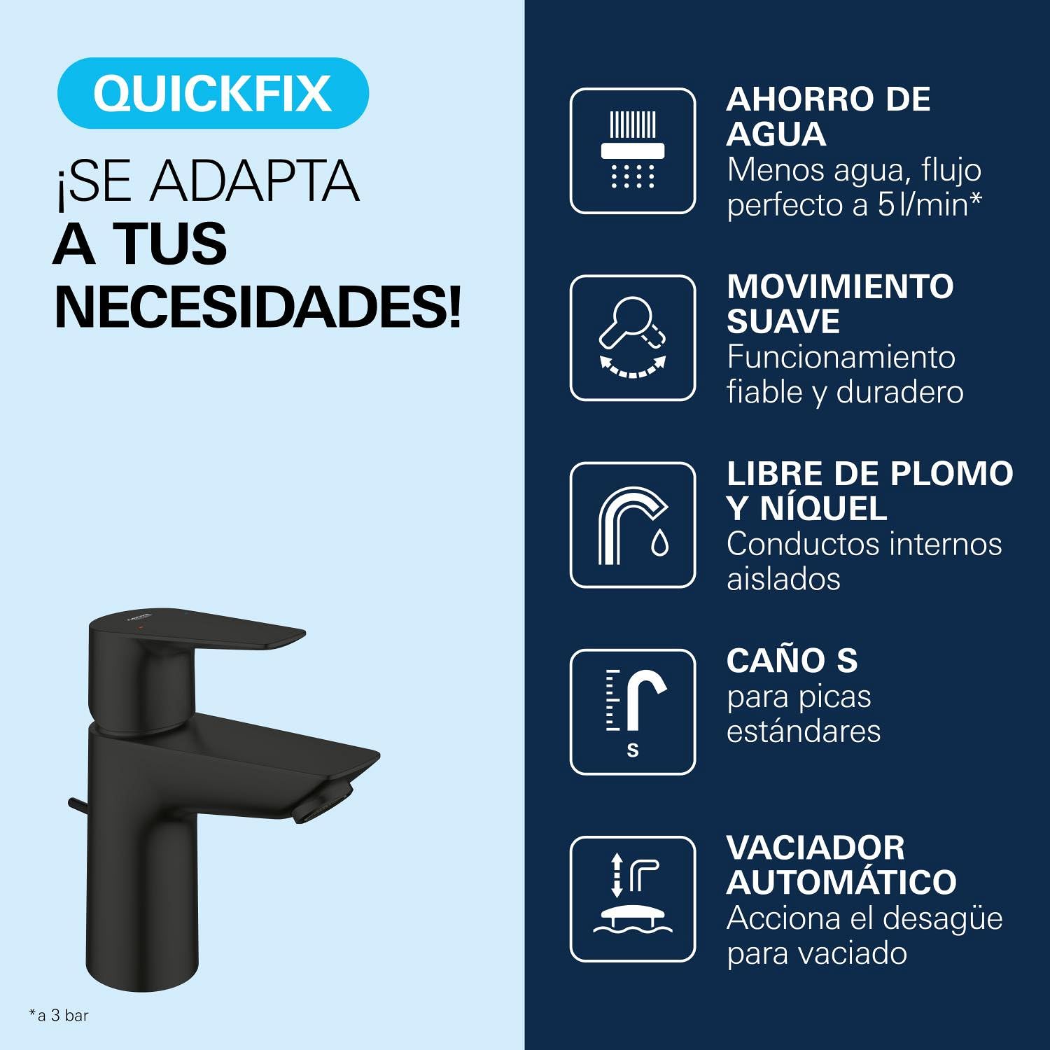GROHE Start Edge QuickFix - Grifo de lavabo con desagüe Pop-Up, Talla S, cartucho cerámico 28mm, ahorro de agua, latiguillos 3/8", QuickTool incluida, Negro Mate, 233422431