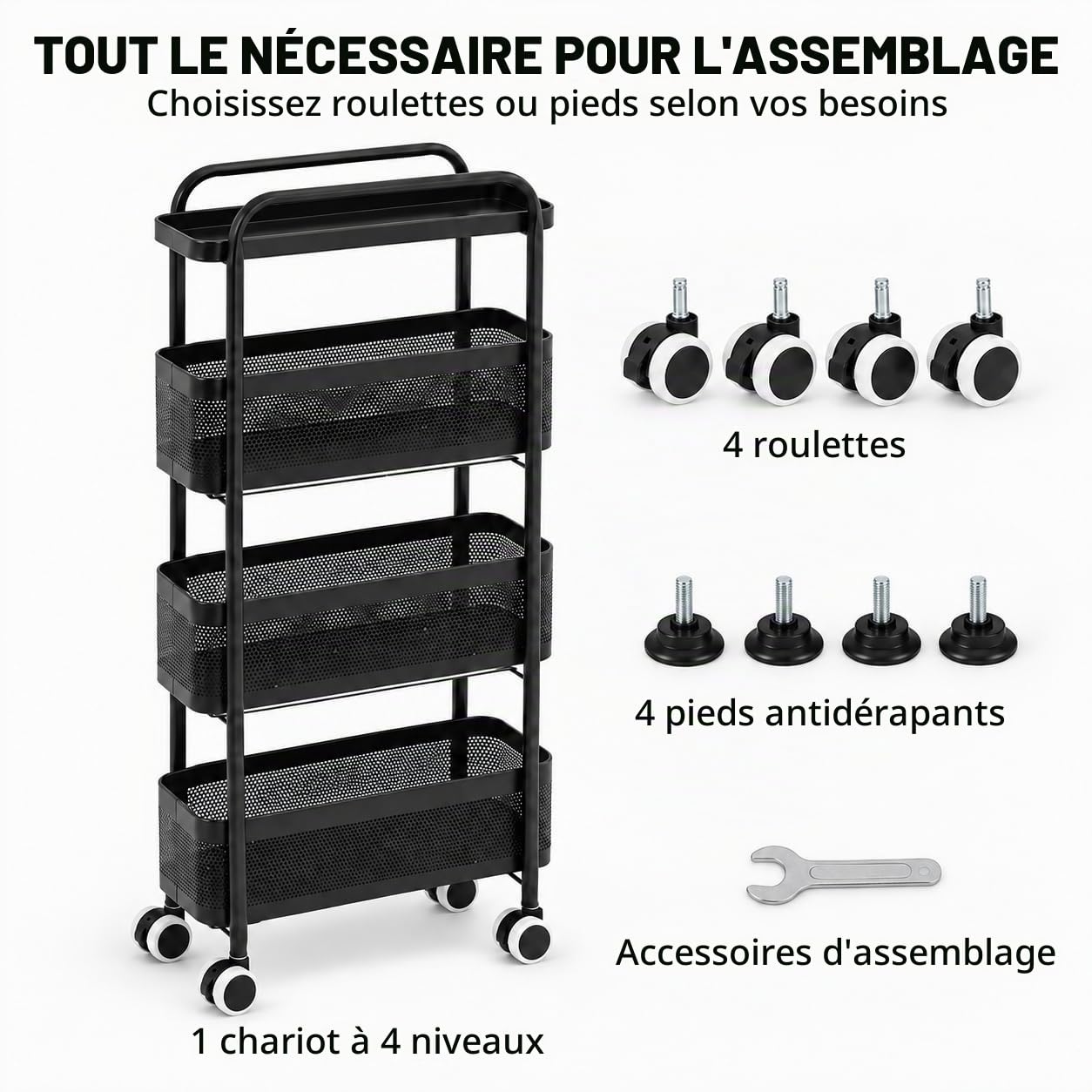 Chariot de Rangement à roulettes, desserte étroite 4 Niveaux, 15 cm