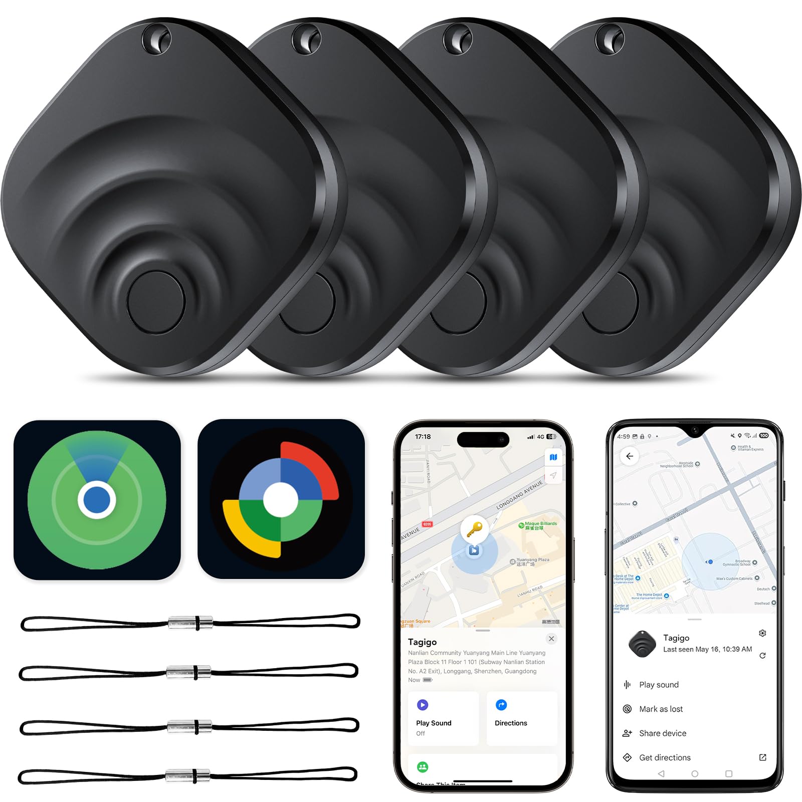 2026 Air Tracker Tags Item Locator per Android e iOS Bluetooth Tracker Smart Tags Compatibile con Apple Find My (iOS) e Google's Find Hub (Android) per chiavi, bagagli, portafoglio nero (pacchetto 4)