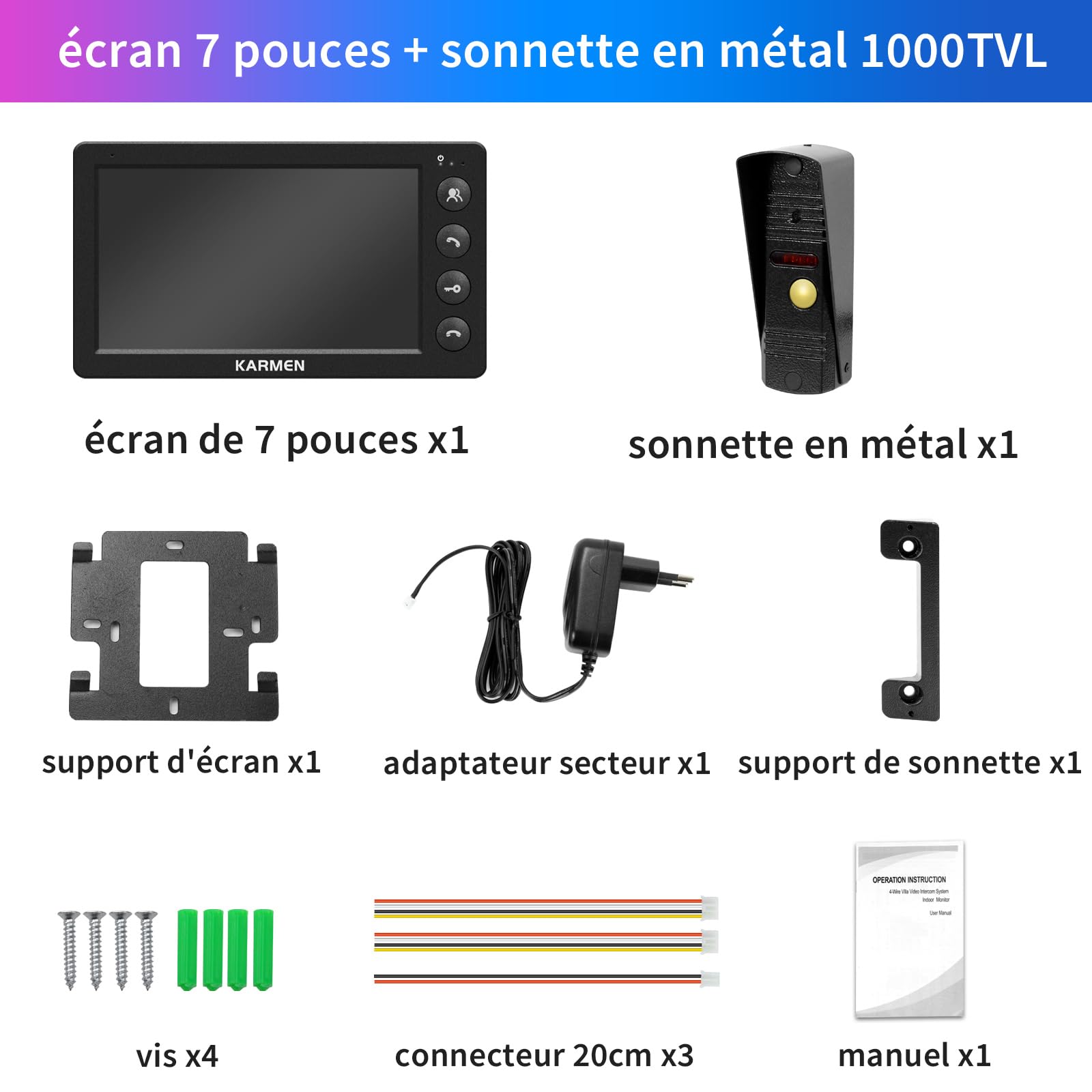 Karmen Portier avec vidéo de 7 Pouces, Sonnette en métal, Vision Nocturne Infrarouge, Étanche IP65, 16 Tons, Télécommande, Noir