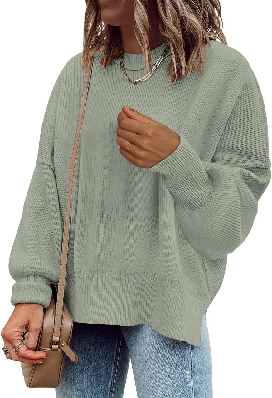 Womens Sweaters Causal Crewneck Batwing Sleeve Knit Top Side Split Oversized Pullover Sweater Loose Jumper - Image 2