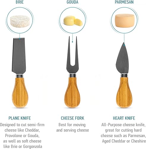 Miniatura 9 de BlauKe - Tabla de queso de bambú con cubiertos (incluye 3 cuchillos de queso)