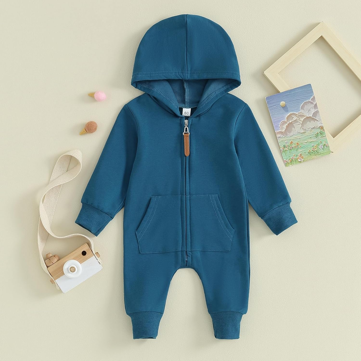 allshope Newborn Baby Boy Girl Fall Outfit Romper Long Sleeve Hooded Solid Zipper Jumpsuit Bodysuit Infant Clothes - Image 2